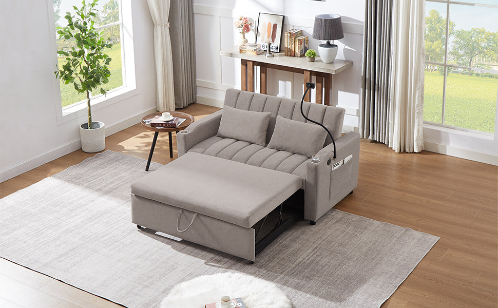 55.9" Convertible Sofa Bed Loveseat Sofa With Three Usb Ports, Two Side Pockets, Two Cup Holders And 360 Swivel Phone Holder For Living Room, Light Grey Light Grey Foam Polyester