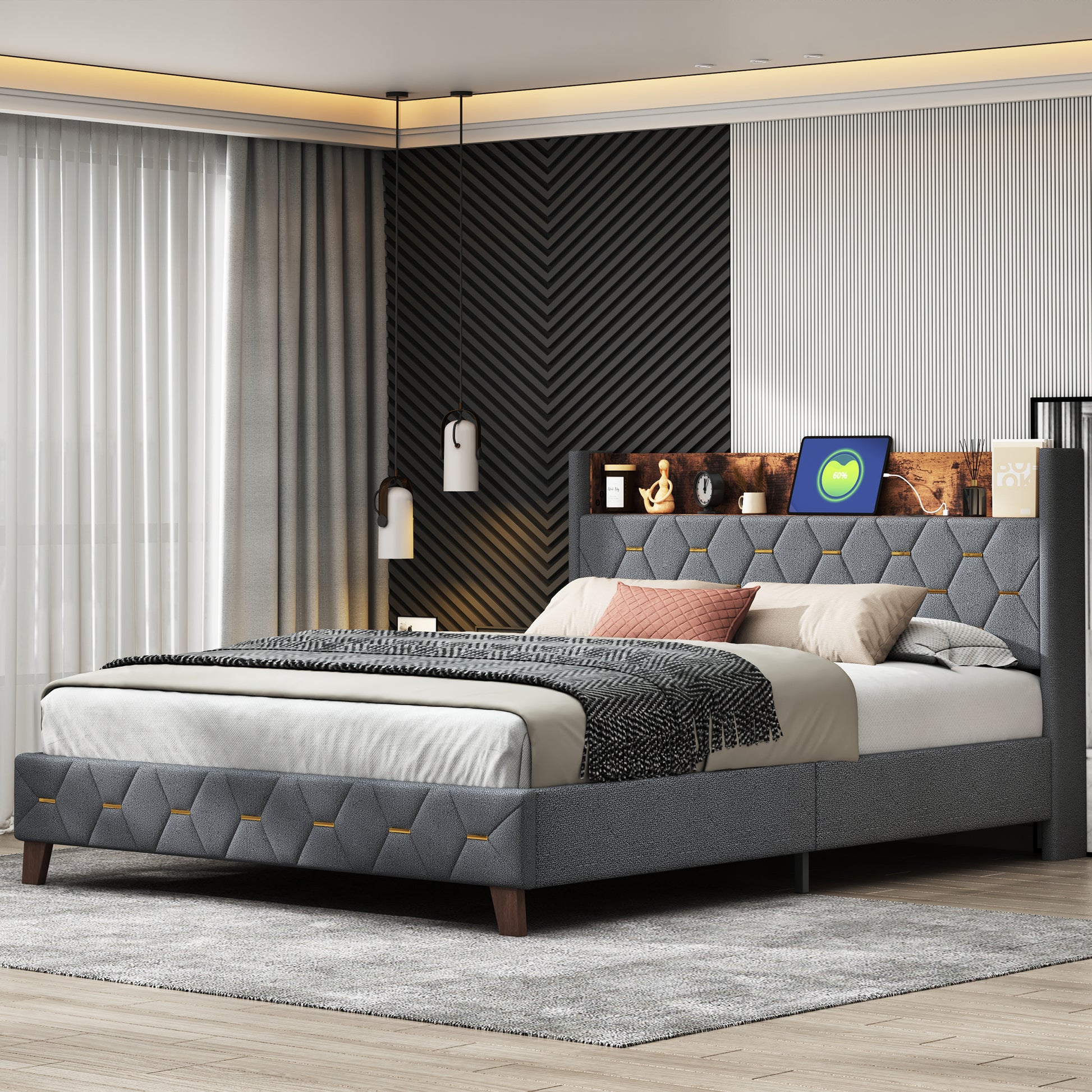 Queen Bed With Elegant Gold Metal Buttons, Built In Usb Ports, Phone Storage Pocket, And Spacious Headboard Shelving Sturdy Frame Supports Up To 300 Lbs,Mattress Not Included Queen Aqua Grey Abs