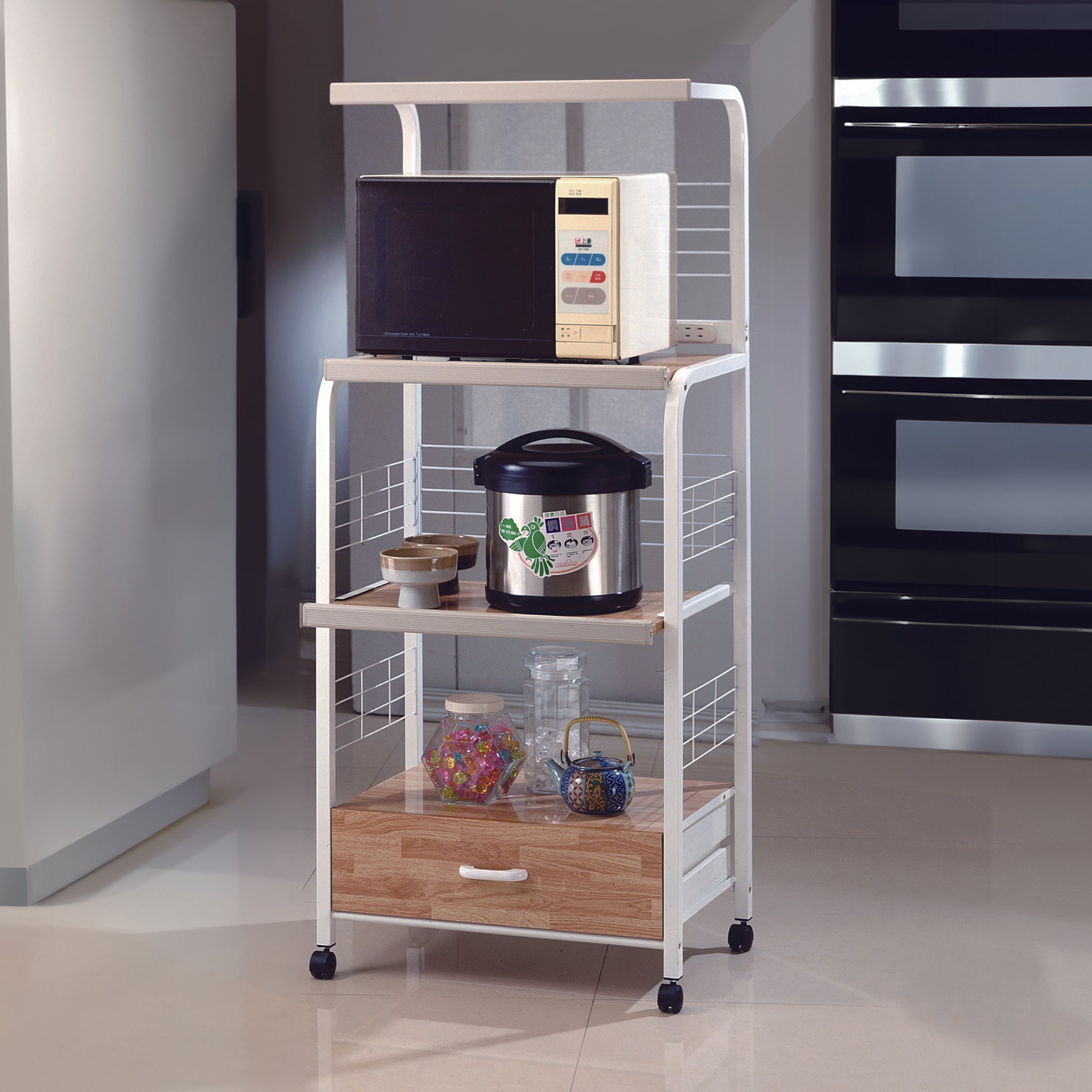 1Pc White Kitchen Cart Open Shelves Metal Frame White Kitchen Metal,Wood