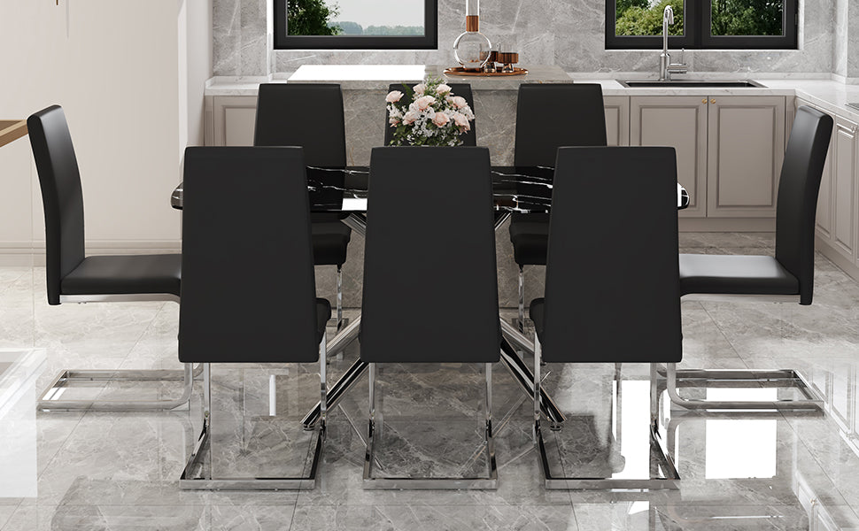 Table And Chair Set, Large Modern Minimalist Rectangular Dining Table, 0.39 Inch Black Imitation Marble Tabletop And Silver Metal Legs, Soft Leather Seats. F 1537 Silver Glass Metal