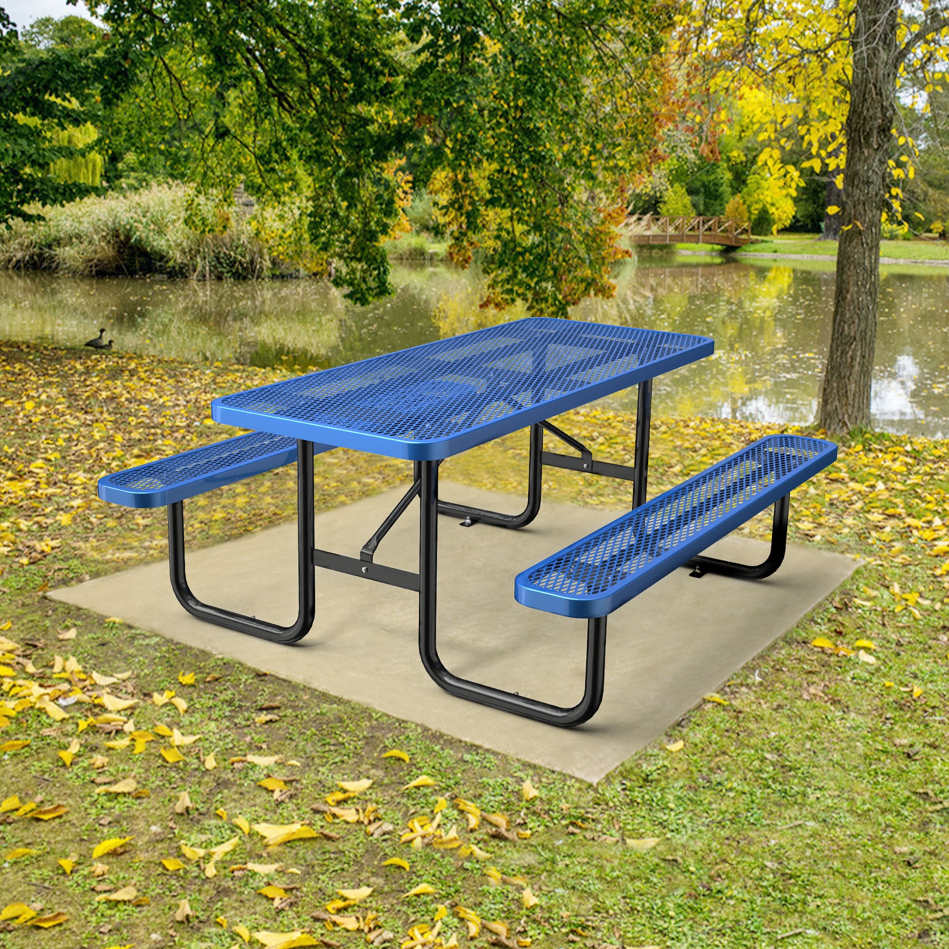 72" Expanded Metal Rectangular Picnic Table, Blue Blue Steel Steel