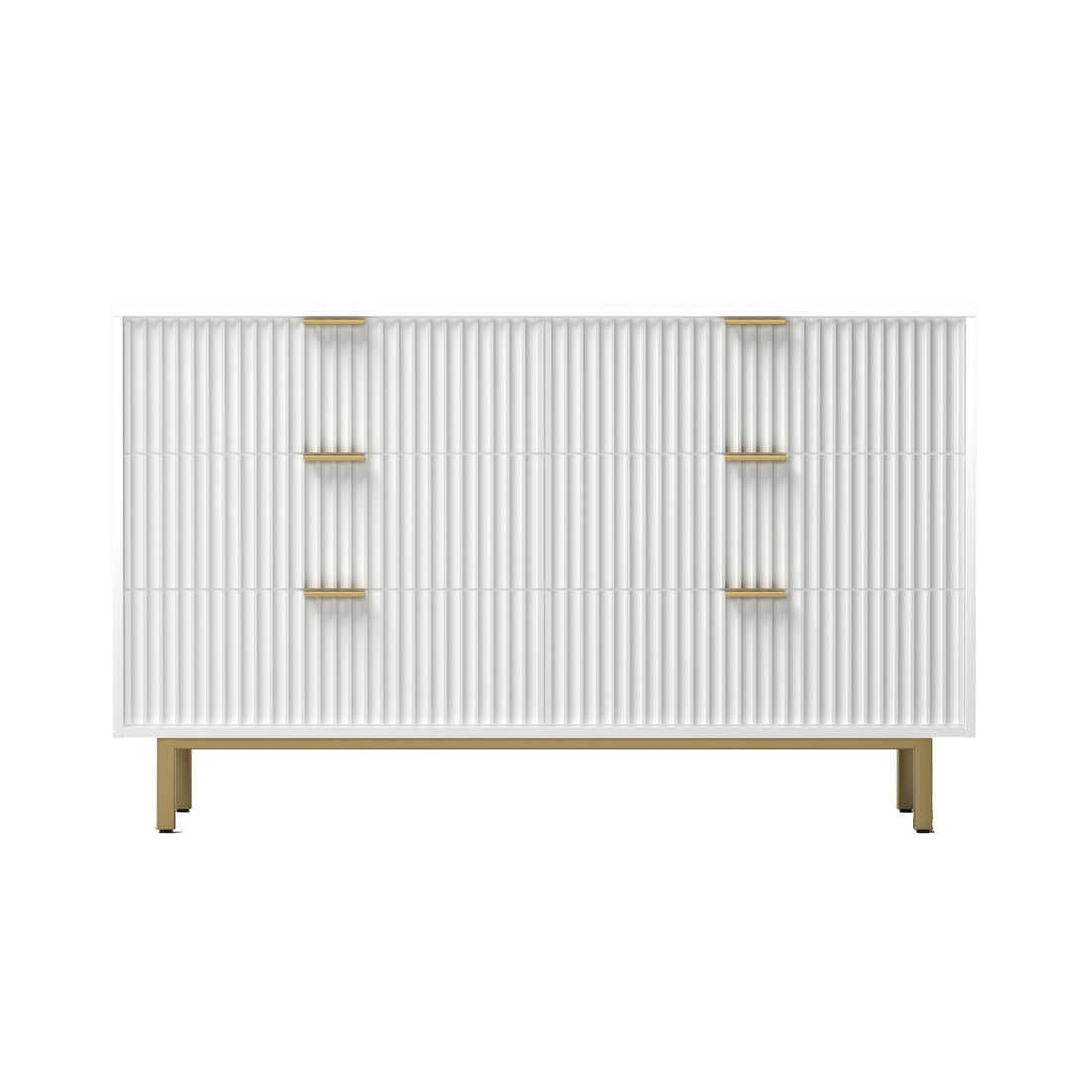 Beth 56 Inch 6 Drawer Dresser, Corrugated Panels, White Mahogany Wood, Gold White Gold Wood