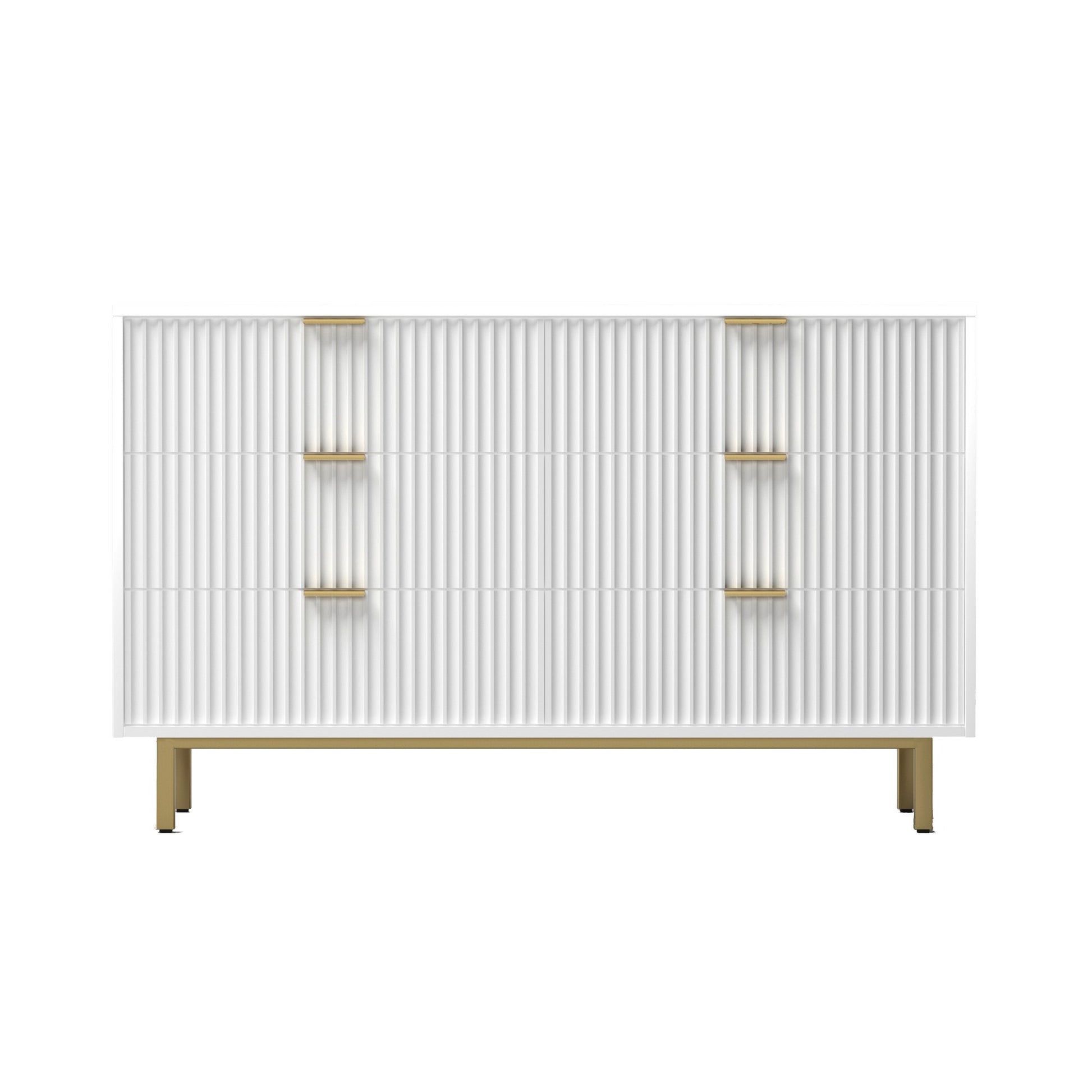 Beth 56 Inch 6 Drawer Dresser, Corrugated Panels, White Mahogany Wood, Gold White Gold Wood