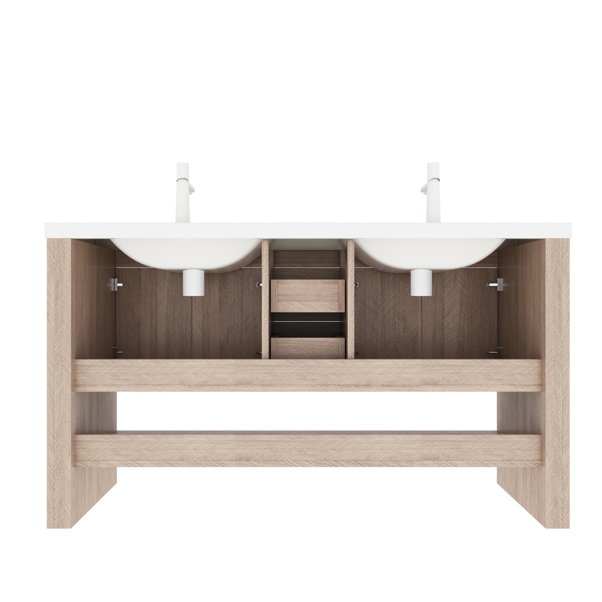 Lucci 60" Bathroom Vanity With 2 Sinks, Freestanding Plywood Storage Cabinet With 2 Drawers, 4 Doors And An Open Shelf, White Acrylic Integrated Basin Without Faucet, Pre Assembled, Light Oak White Light Oak Bathroom Modern Plywood Acrylic