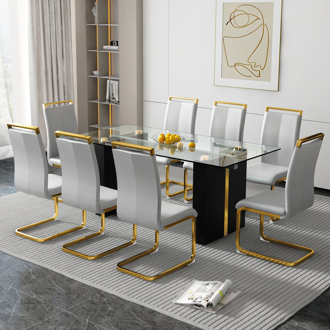 Table And Chair Set, Large Modern Minimalist Rectangular Glass Table, Can Accommodate 6 8 People, Equipped With Tempered Glass Tabletop And Large Mdf Table Legs, Comfortable And Minimalist Chairs. Transparent Mdf Glass