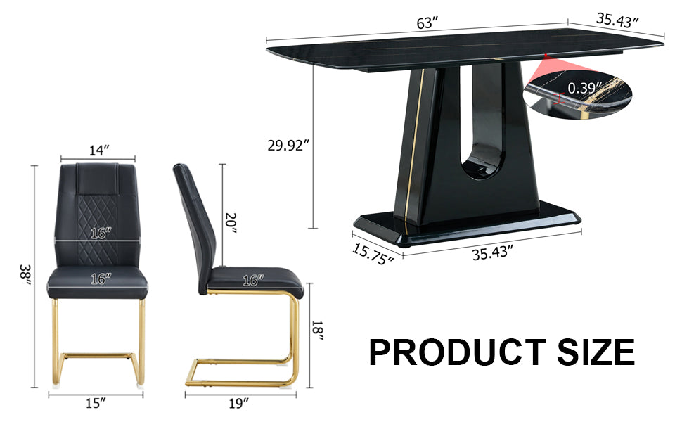 Table And Chair Set, Minimalist Dining Table, Imitation Marble Patterned Glass Tabletop, Mdf Legs With U Shaped Brackets. Paired With Comfortable Chairs, Suitable For Dining And Living Rooms. Black Gold Mdf Glass