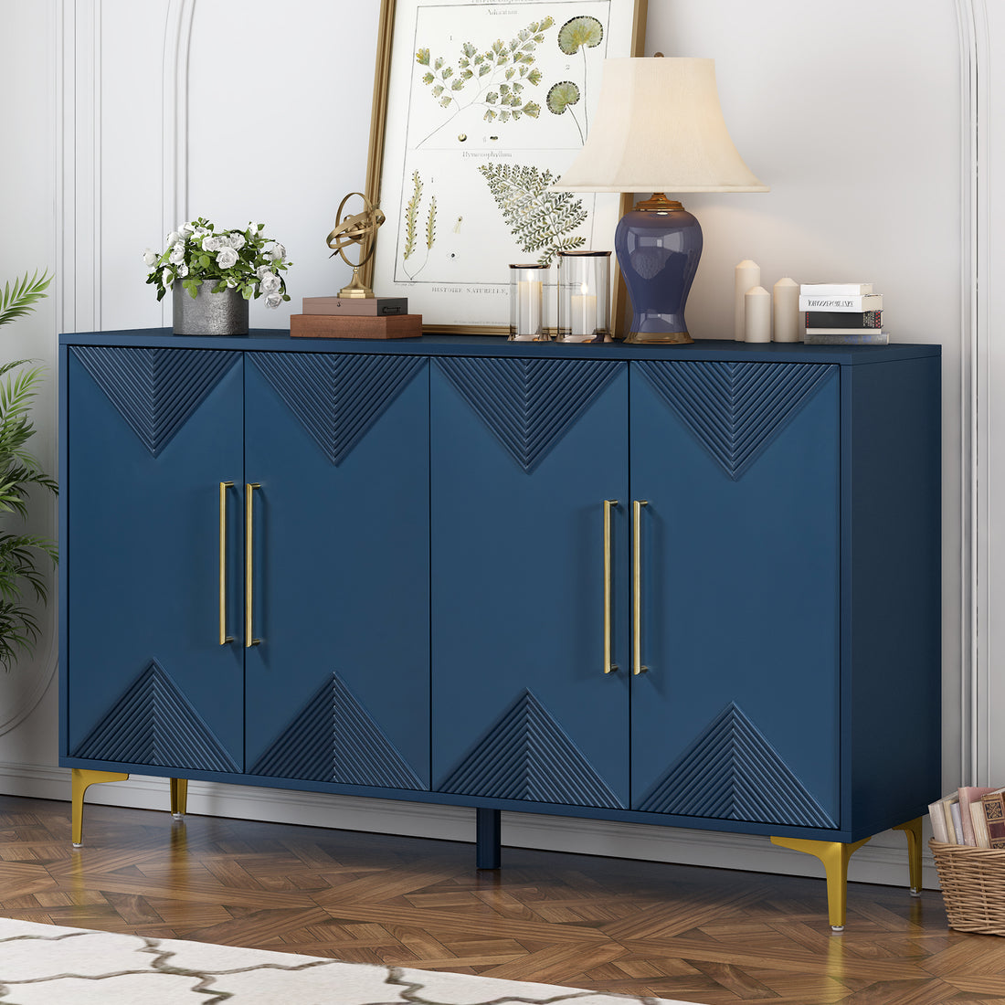 Unique Features Of A Four Door Cabinet With Two Tone Triangular Pattern Doors, Suitable For Entryway, Hallway, Living Room 3 4 Spaces Navy Blue Primary Living Space Adjustable Shelves Artsy,Contemporary Mdf