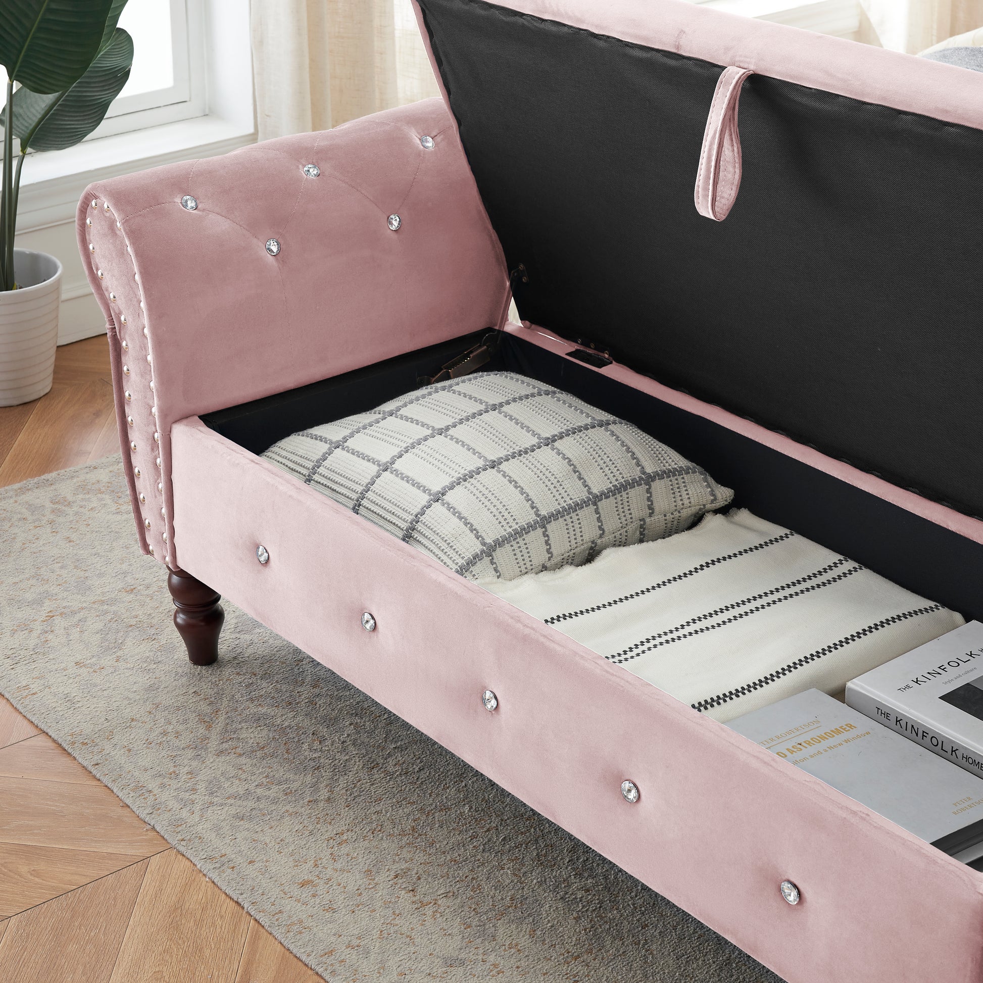 63.38"Velvet Multifunctional Storage Rectangular Ottoman Bench Comes With Crystal Buckle Solid Wood Legs With 1 Pillow,Pink Pink Velvet