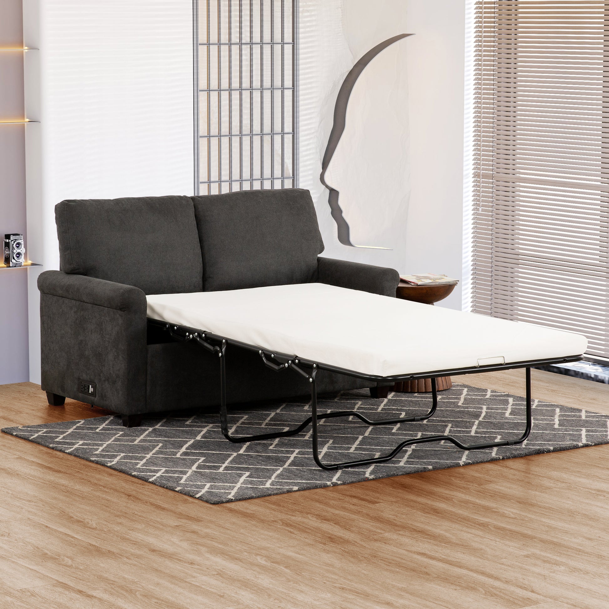 Convertible Twin Sleeper Sofa With Usb Ports, Modern Upholstered Sofa Bed, Living Room 2 Seater Sofa Loveseat, Dark Gray Dark Gray Polyester Wood Primary Living Space Medium Firm Cushion Back Heavy Duty Modern Rolled Arms Plywood Metal 2 Seat
