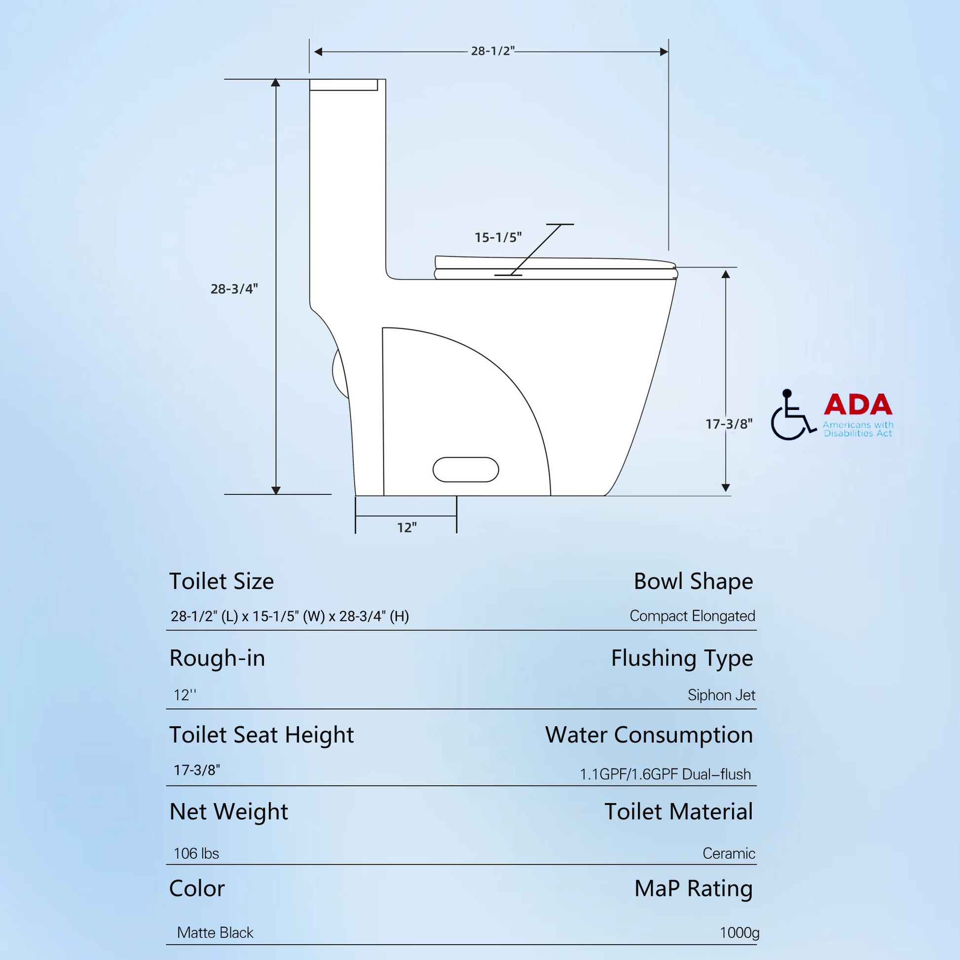 1.1 1.60 Gpf Dual Flush One Piece Toilet, Water Saving Elongated Comfort Height Floor Mounted, Soft Closing Seat, 1000 Gram Map Flushing Score Toilet, Matte Black 23T02 Mb Matte Black Ceramic