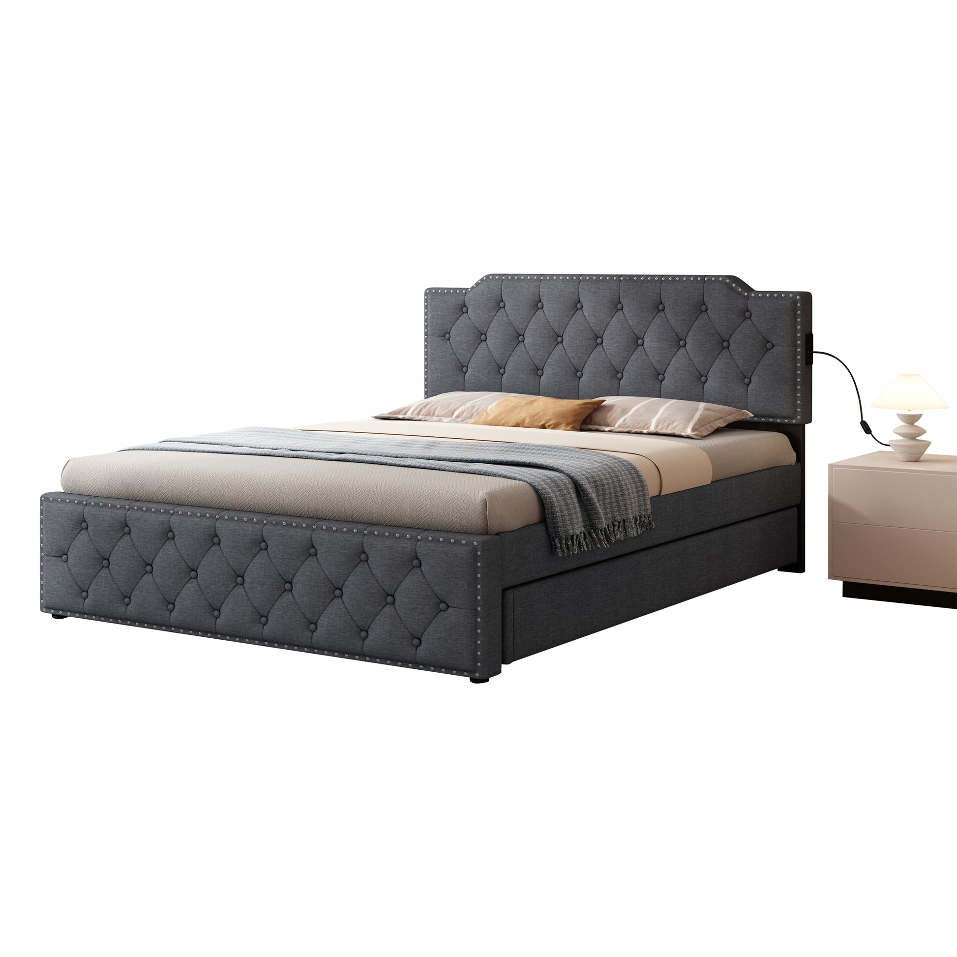 Queen Size Upholstered Platform Bed With Twin Size Trundle And Usb Portsdecorate With Copper Nails,Linen Fabric, Dark Grey Queen Dark Gray Composite Linen Fabric