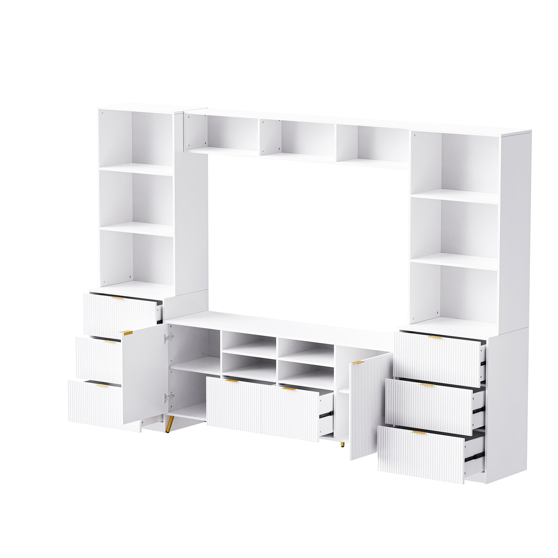 4 Piece Entertainment Wall Unit With 13 Shelves,8 Drawers And 2 Cabinets, Multifunctional Tv Stand Media Storage Cabinet With Fluted Line Surface For Living Room, For Tvs Up To 70" White 60 69 Inches Mdf