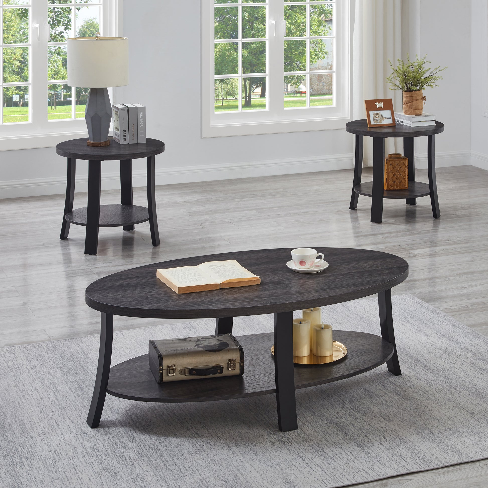 Anze Contemporary Oval Wood Shelf Piece Coffee Table Set Charcoal Pr