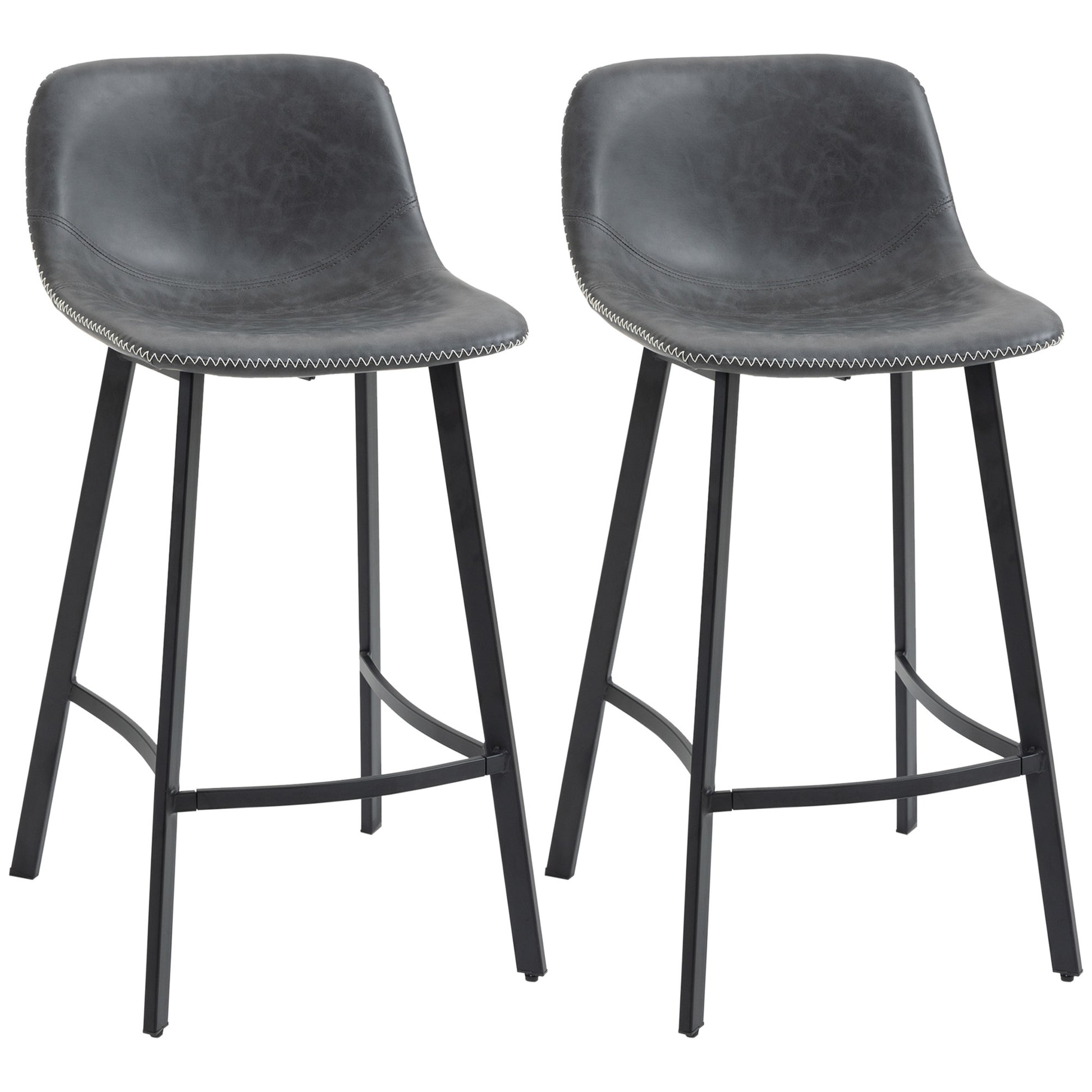 Homcom 27.25" Counter Height Bar Stools, Industrial Kitchen Stools, Upholstered Armless Bar Chairs With Back, Steel Legs, Set Of 2, Gray Grey Steel