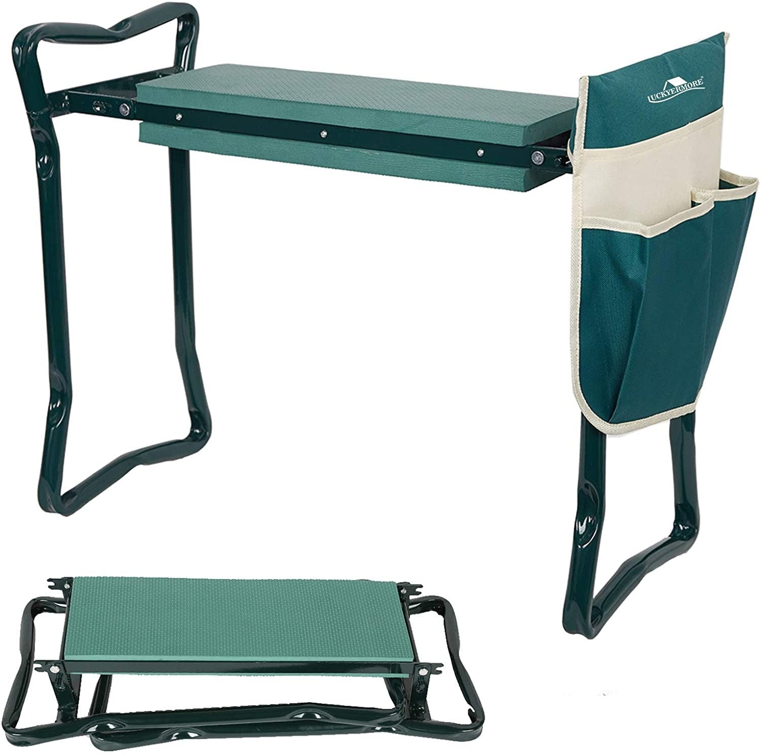 Garden Kneeler & Seat Folding Multi Functional Steel Garden Stool With Tool Bag Eva Kneeling Pad Green Metal