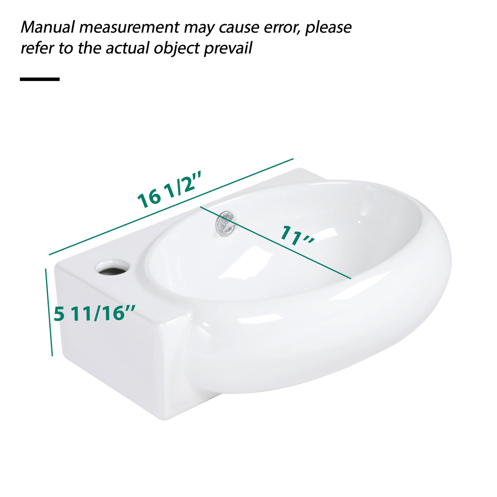16X11 Inch White Ceramic Rectangle Wall Mount Bathroom Sink With Single Faucet Hole White Ceramic