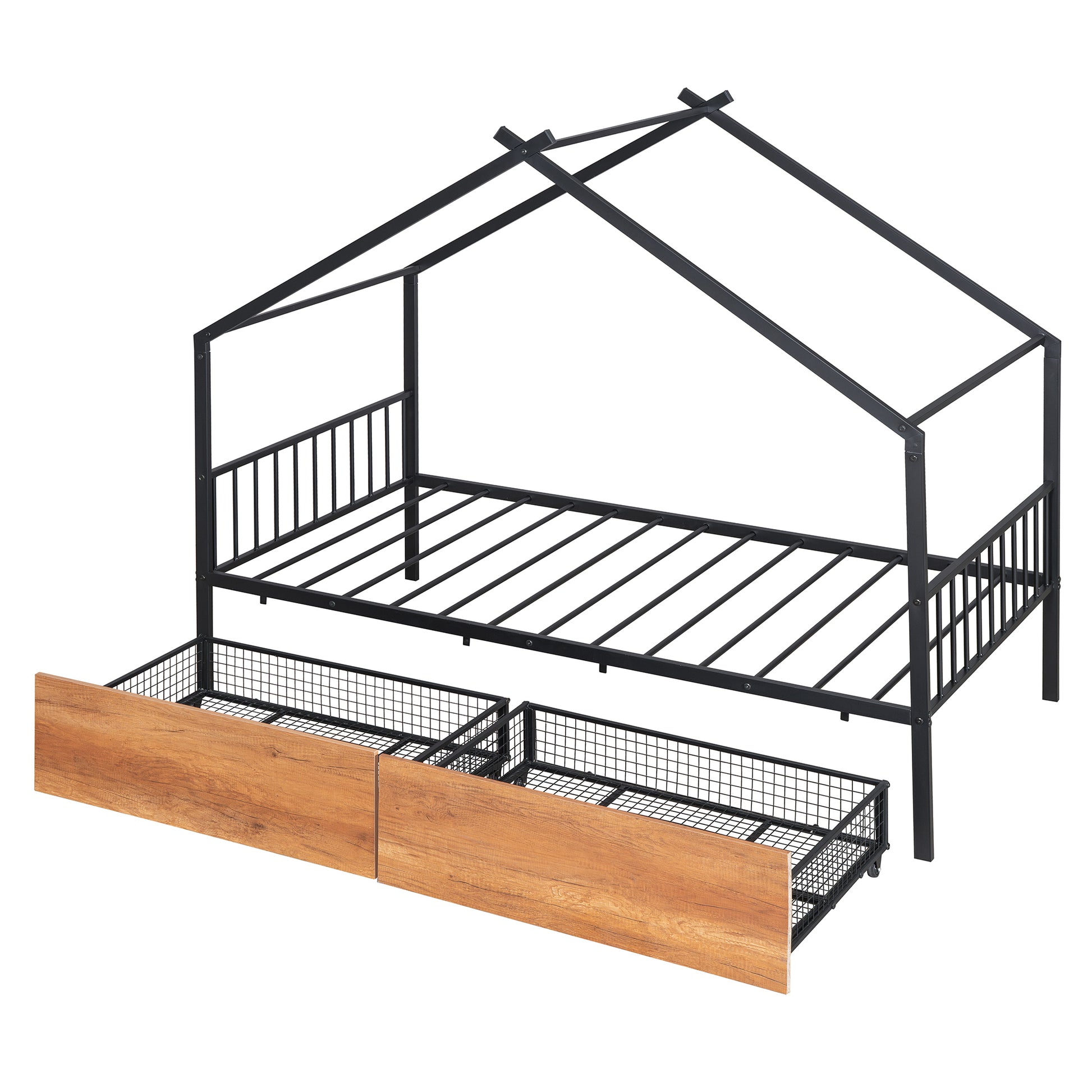 Twin Size Metal House Bed With Two Drawers, Black Twin Black Metal