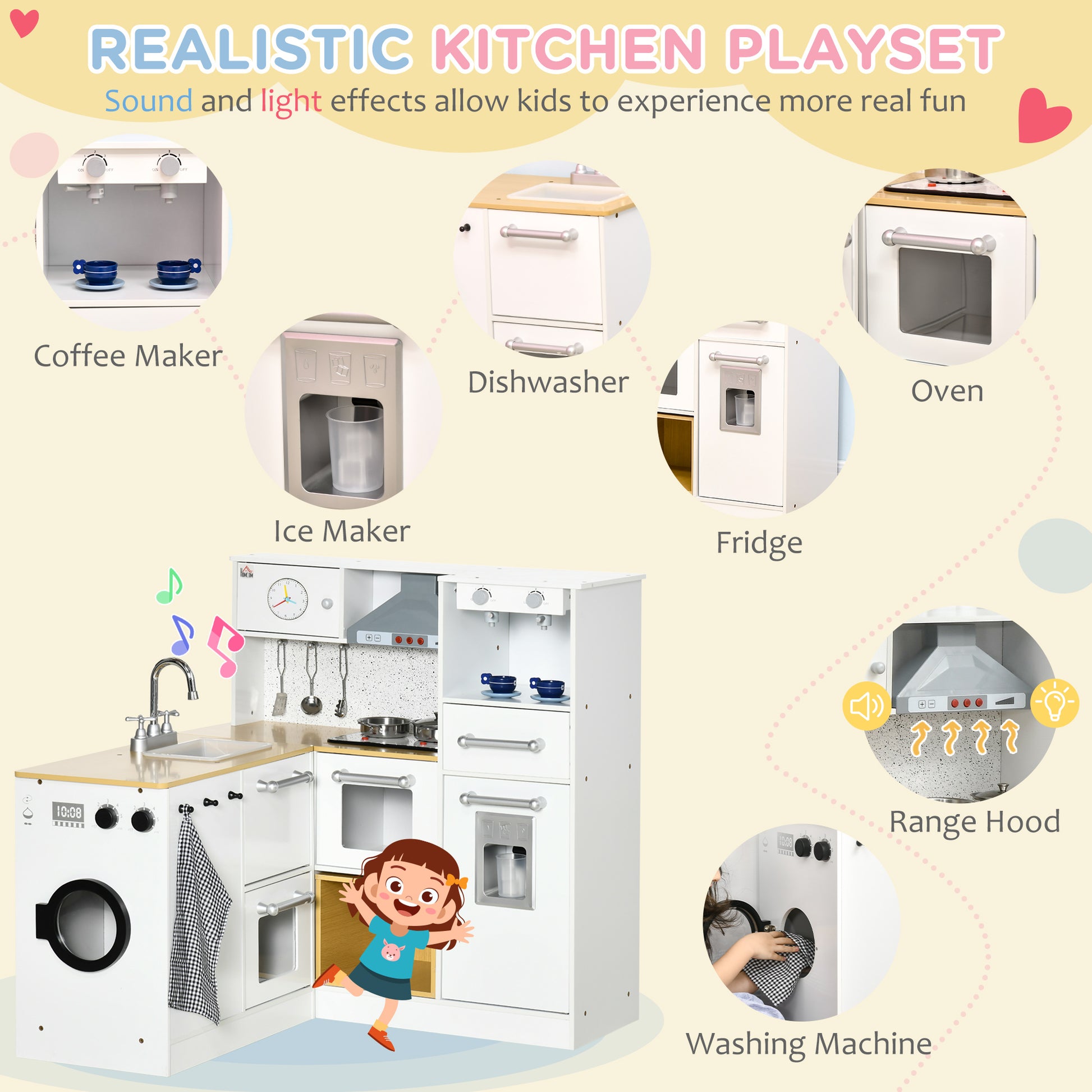 Qaba Kids Wooden Kitchen Playset With Sound Effects And Tons Of Countertop Space, Wooden Corner Play Kitchen Set With Washing Machine, Imaginative Toy Pretend Restaurant, Ages 3 6, White White Mdf