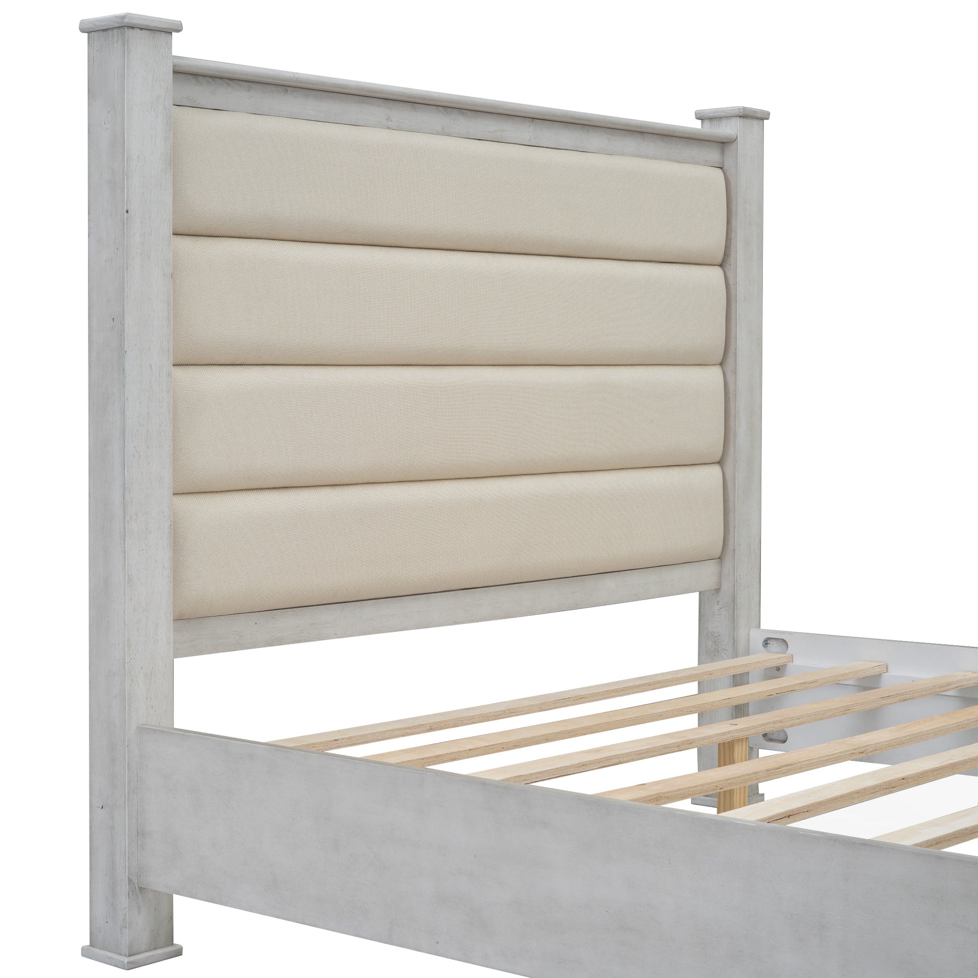 Queen Size Wood Frame Platform Bed With Upholstered Headboard, Footboard And 2 Drawers, Antique White Box Spring Not Required Queen Antique White Wood Bed Frame Solid Wood Mdf