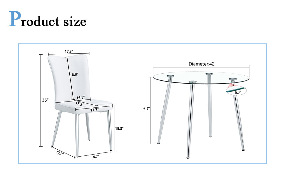 Table And Chair Set.A Modern Minimalist Round Dining Table With Transparent Tempered Glass Top And Silver Metal Legs,Paried With 4 Chairs With Pu Backrest And Seat Cushion And Silver Metal Legs. Transparent,White Seats 4 Glass Metal