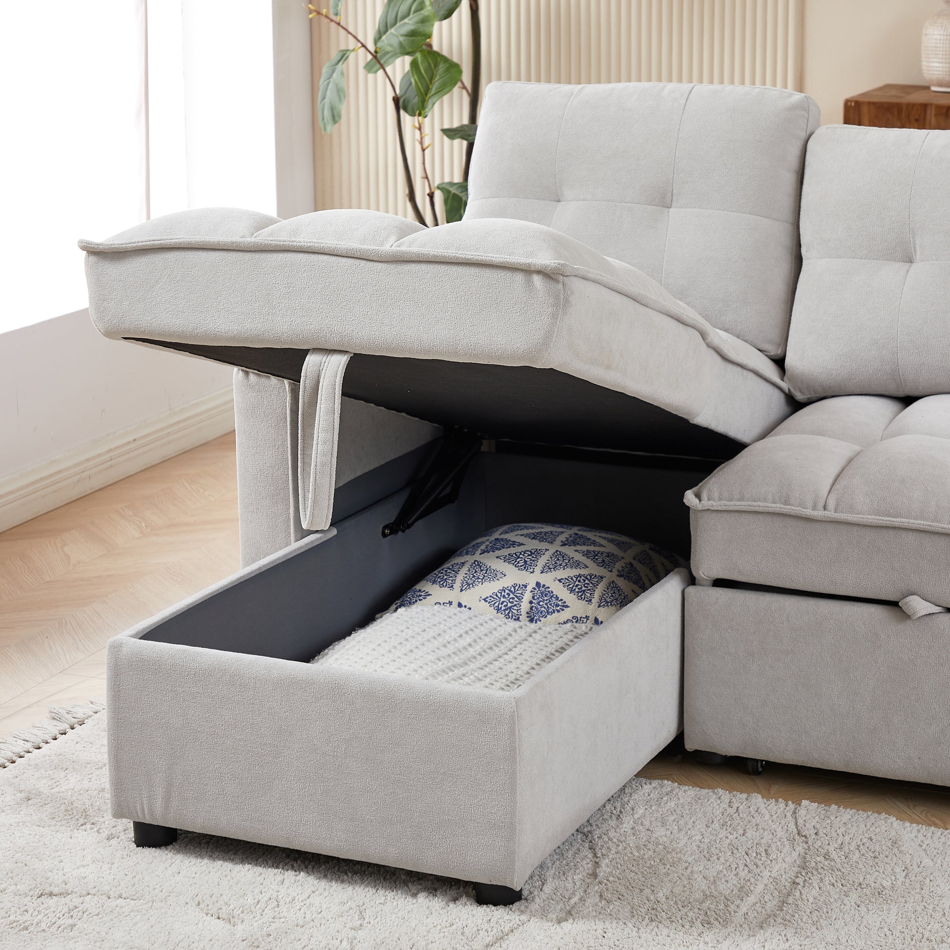 Mh 78.75" Reclining Sofa, Pull Out Sofa Bed With Usb And Tape C Charging Ports, L Shaped Sectional Sofa With Reclining Storage And Arm Side Organizer Pocket Features, Living Room Comfort Sofa Light Grey Chenille Wood Primary Living Space Eucalyptus Foam