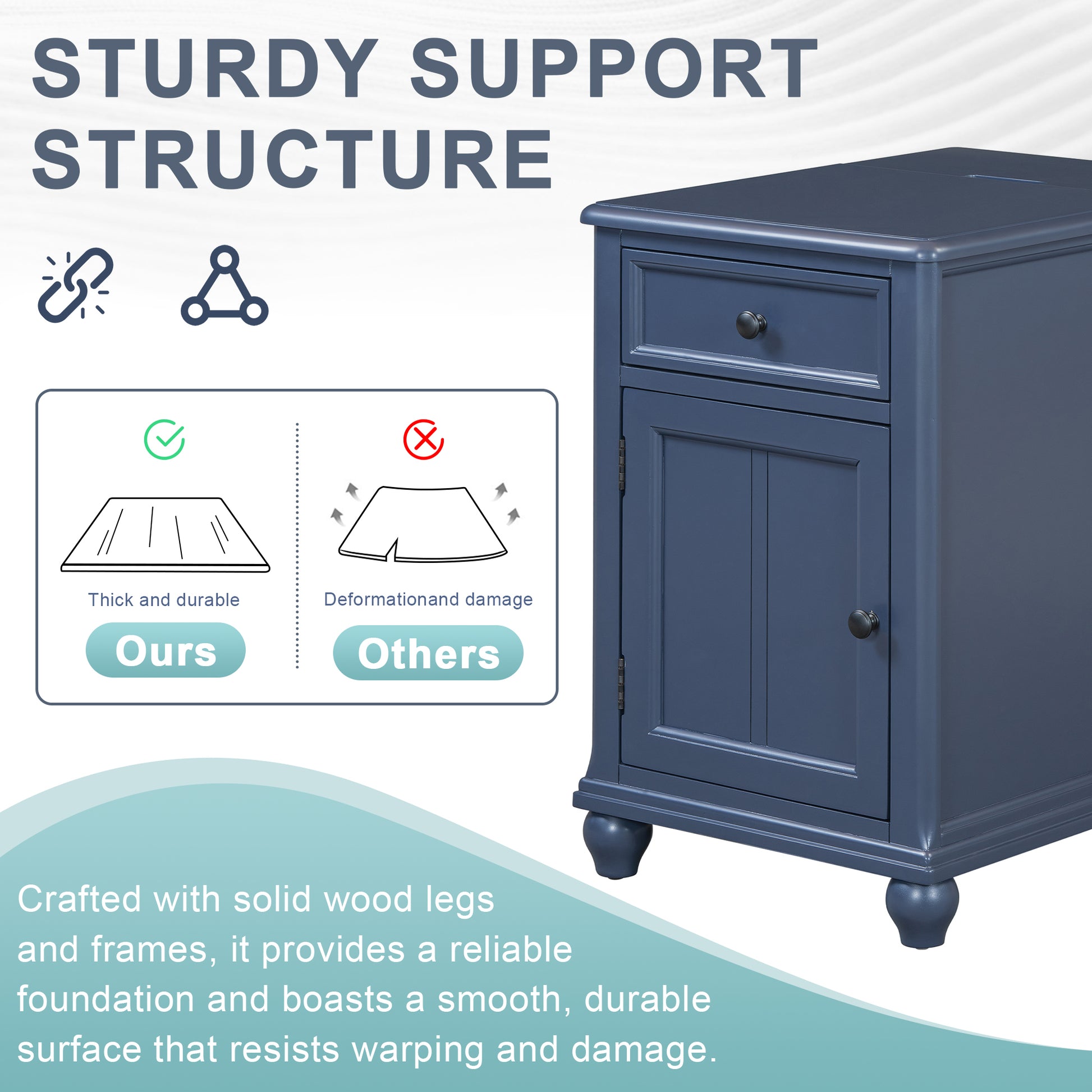 End Table With Solid Wood Legs, Side Table With Usb Ports, 1 Storage Cabinet And 1 Drawer For Living Room, Antique Navy Antique Navy Solid Wood Mdf