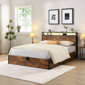 Lift Up Storage Bed Frame, Full Size Bed Frame With Bookcase Headboard & Led Lights, Wooden Platform Bed Frame With Charging Station, No Spring Box Needed, Rustic Brown Box Spring Not Required Full Rustic Brown Metal Brown Bedroom Industrial Bed Frame