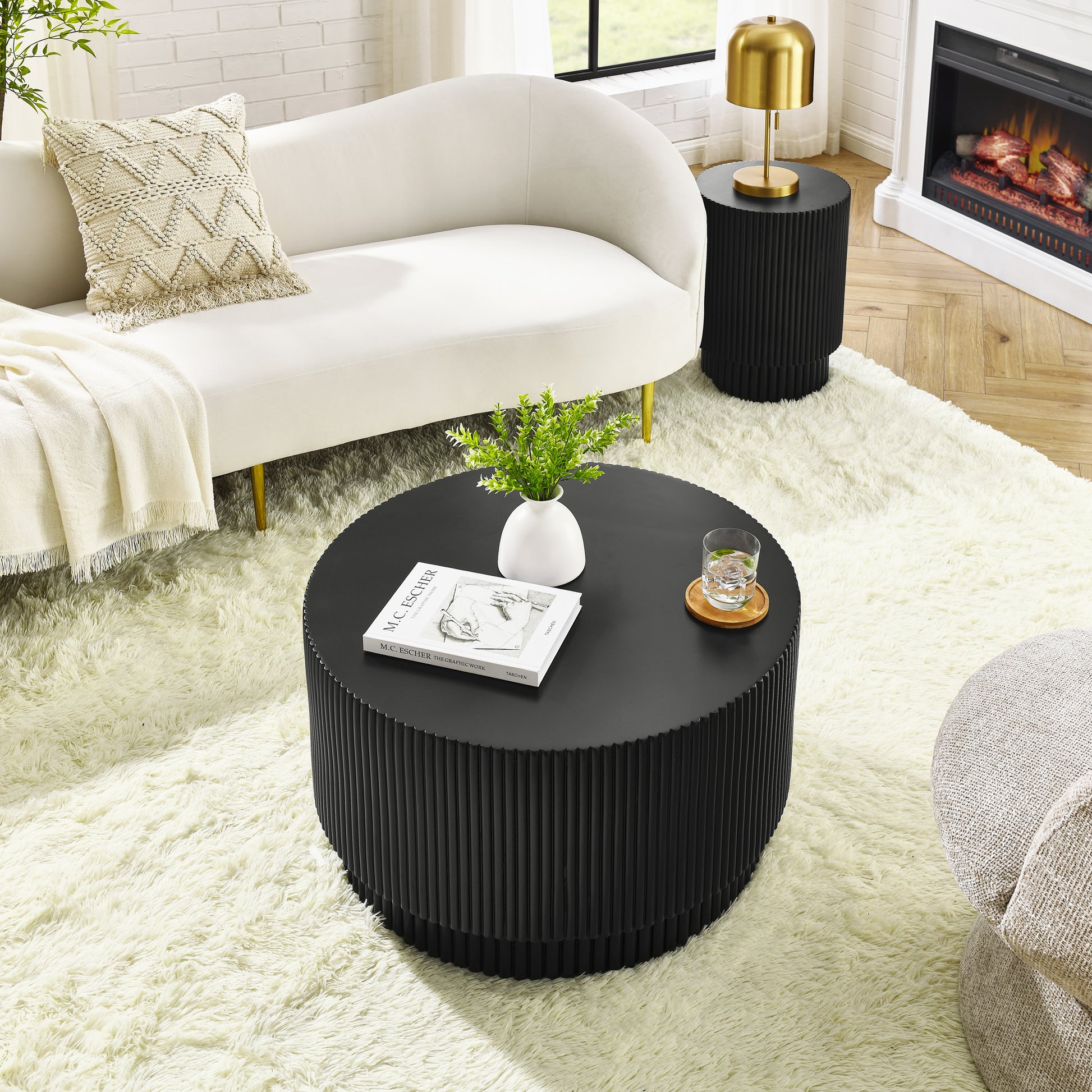 15.72 Inch H Barrel Coffee Table, Nordic Style, Simple Design, Suitable For Indoor And Outdoor Use, Magnesium Oxide Material, Suitable For Living Room, Bedroom Or Garden Sofa Black Magnesium Oxide