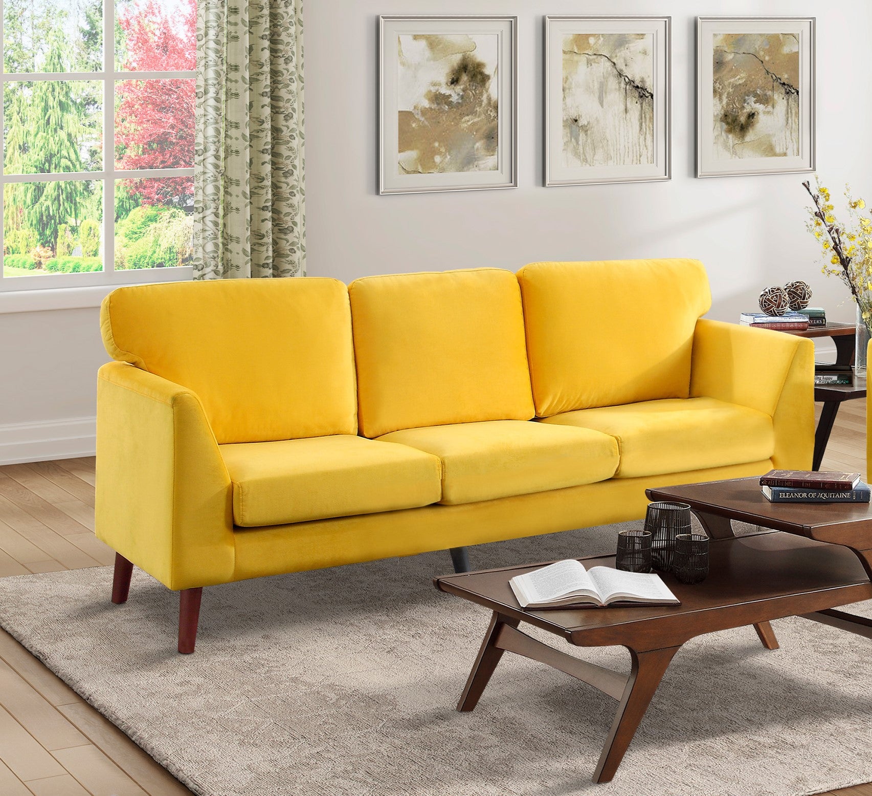 Modern Contemporary 2Pc Sofa Set Yellow Sofa Loveseat Velvet Upholstery Dark Brown Legs Solid Wood Living Room Furniture Yellow Velvet Wood Primary Living Space Modern Solid Wood 5 Seat