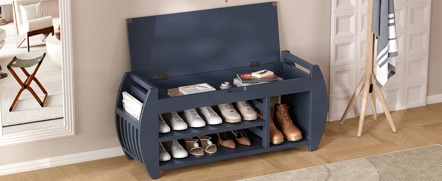 Retro Multifunctional Storage Bench With Cushion And Curved Side Panel For Entrance And Living Room Antique Navy Antique Navy Mdf