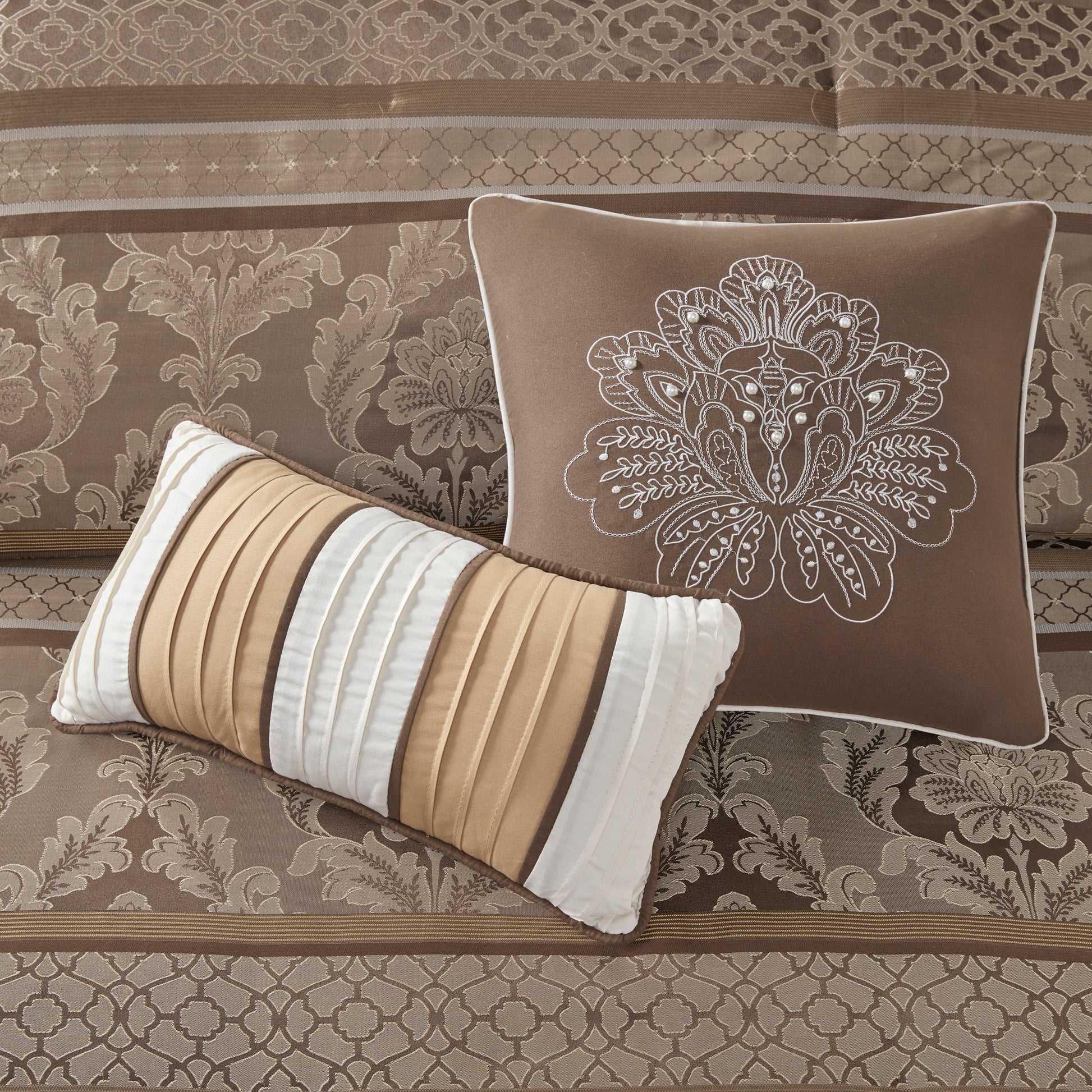 7 Piece Jacquard Comforter Set Brown Gold Queen Queen Brown Gold Polyester