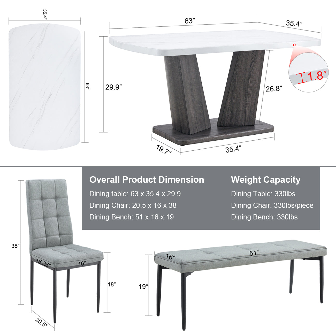 63" Modern Style 6 Piece Dining Table With 4 Chairs & 1 Bench, Table With Marbled Veneers Tabletop And V Shaped Table Legs White Metal Grey White Modern Rectangular Mdf Mdf