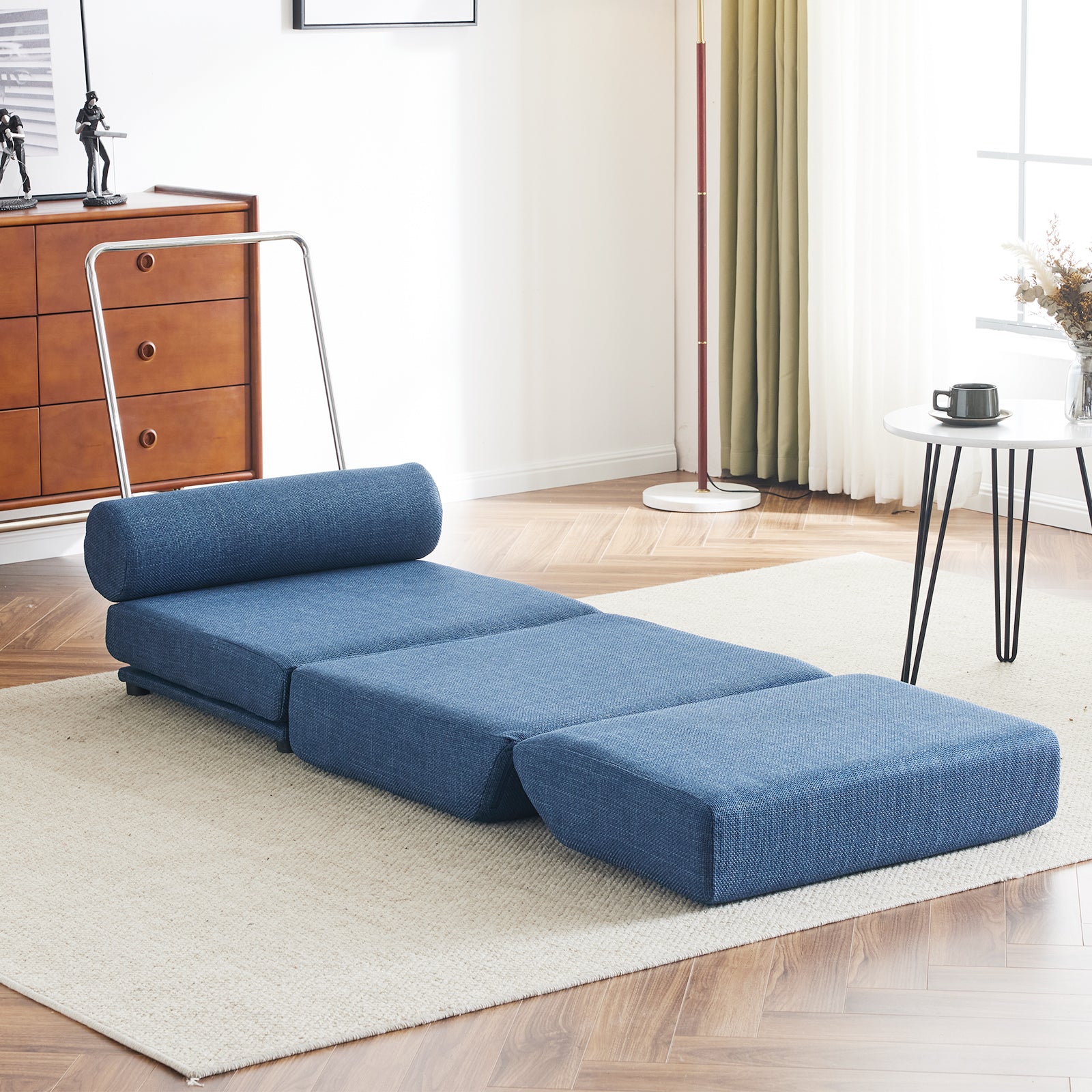 Single Sofa Chair Foldable Single Sofa Bed With Pillow,Portable Foldable Sofa Bed,Leisure Sofa Chair,Easy To Store,Made Ofand Wearable Linen Blue Modern Foam Linen