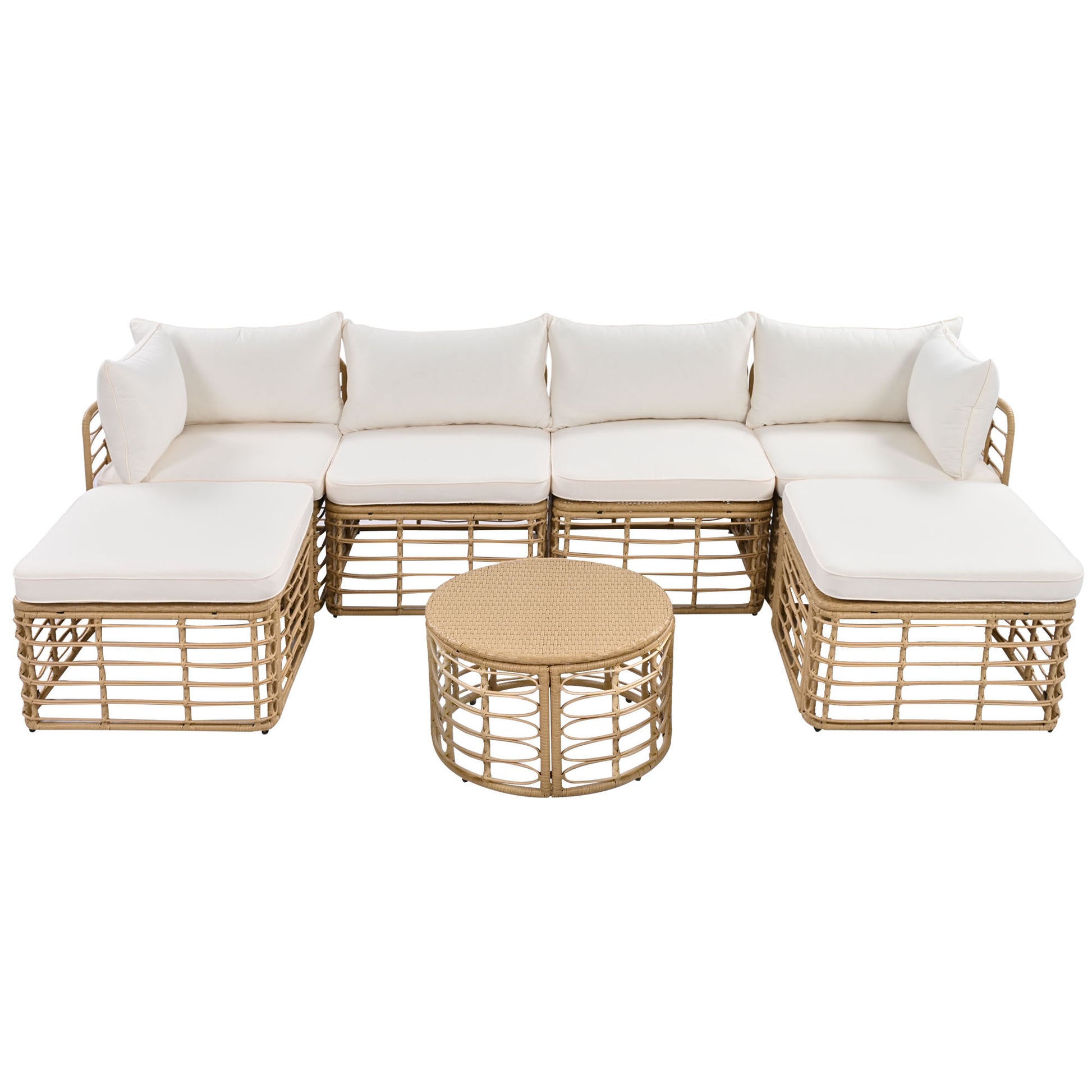 7 Pieces Outdoor Patio Furniture, All Weather Rattan Sectional Sofa Set With Thick Cushions And Pillows, Freely Combined Conversation Sets For Garden, Backyard, Balcony, Beige Yes Complete Patio Set Beige Seats 6 Garden & Outdoor Complete Patio Sets Foam