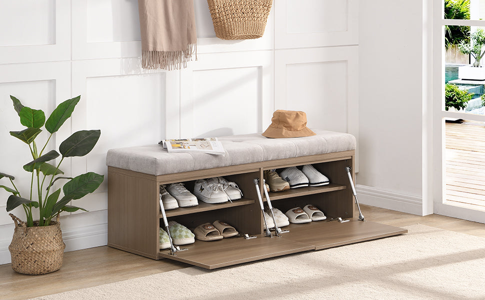 49" Shoe Storage Bench Entryway Shoe Cabinet Storage Ottoman With Padded Seat Cushion And Double Doors For Entryway, Hallway And Bedroom, Light Grey Cushioned Light Grey Chenille Solid Shoe Storage