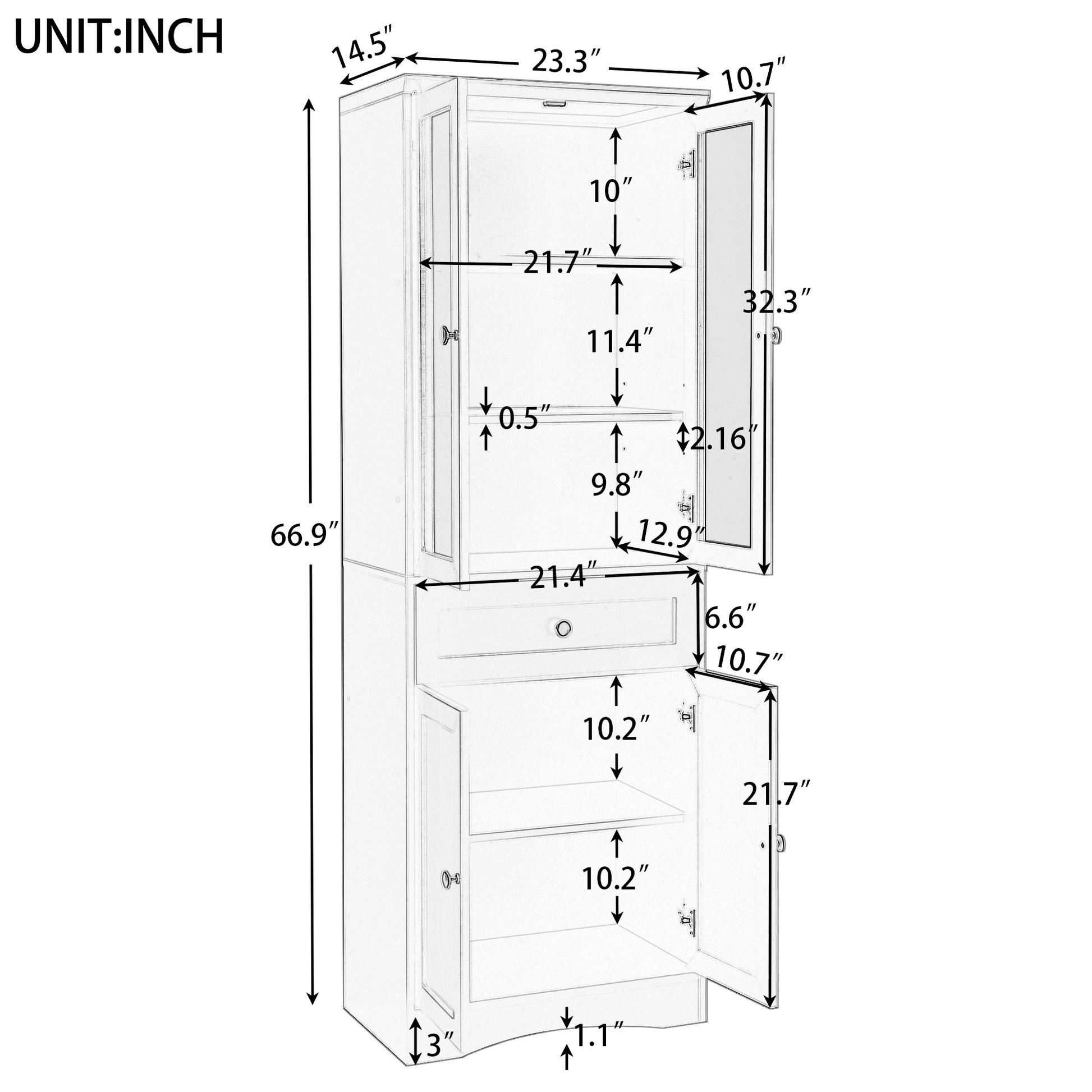 Tall Bathroom Storage Cabinet, Cabinet With Four Doors And Drawers, Adjustable Shelf, Mdf Board, Black Black Mdf