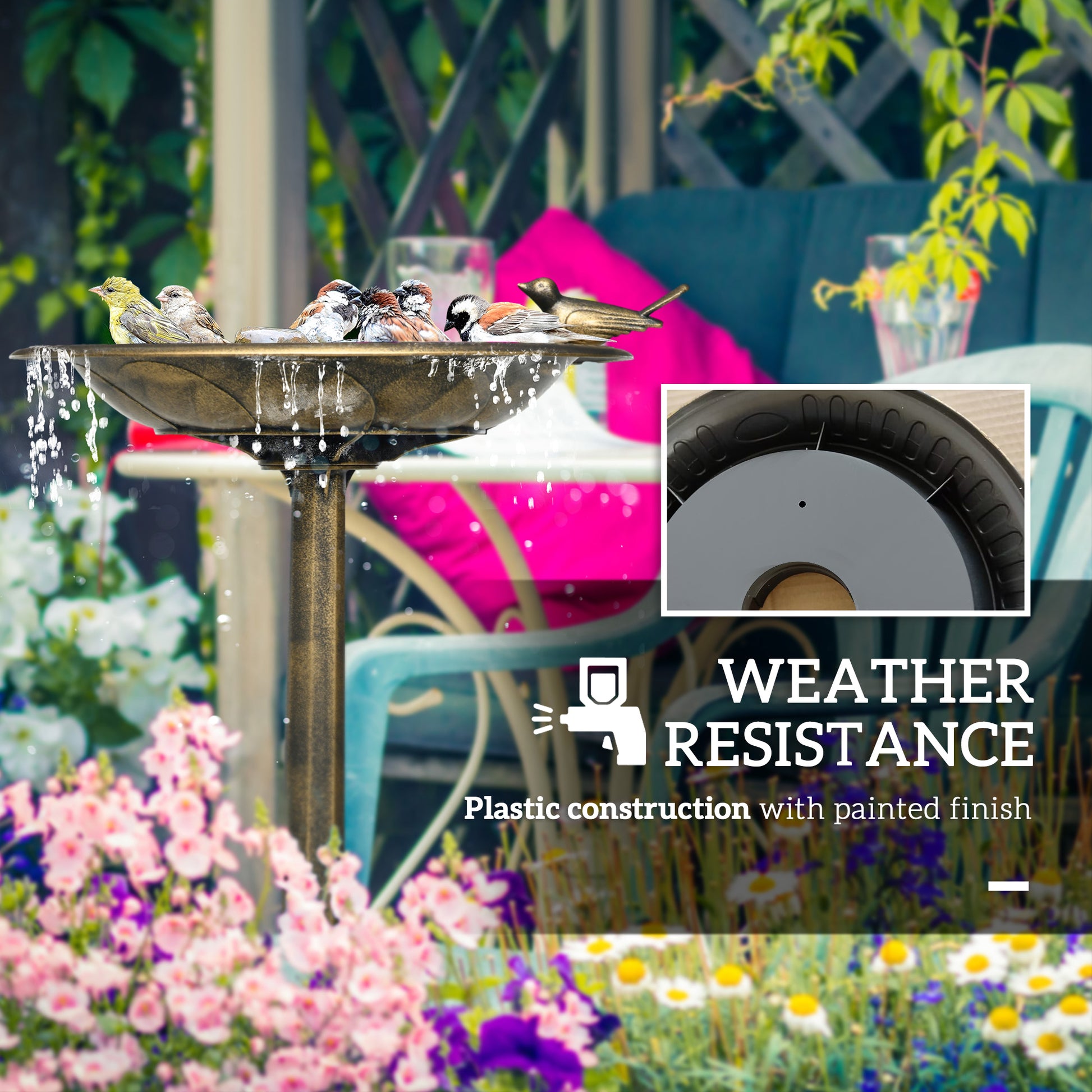 Outsunny 28" Antique Bird Bath With Pedestal Flower Planter Base, Vintage Style Decorative Birdbath & Bird Feeder Bowl, Decoration Yard Statue, Bronze Bronze Polypropylene