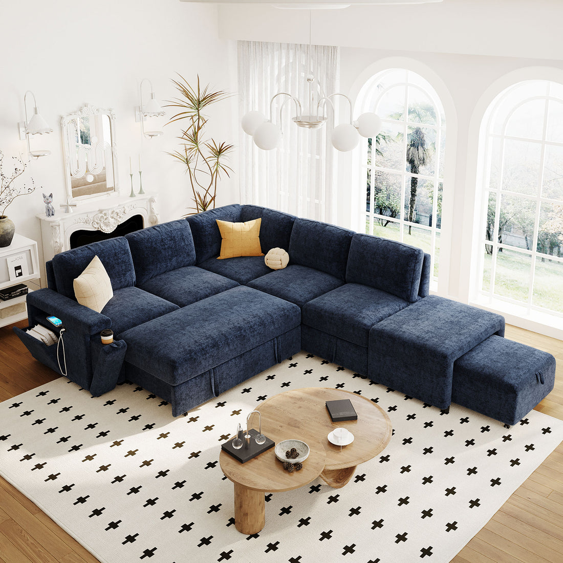 L Shaped Padded Modular Sofa With Storage Space, Usb Ports, And Cup Holders On The Armrests, Suitable For Living Rooms, Offices, And Apartments. Blue Wood Polyester 5 Seat