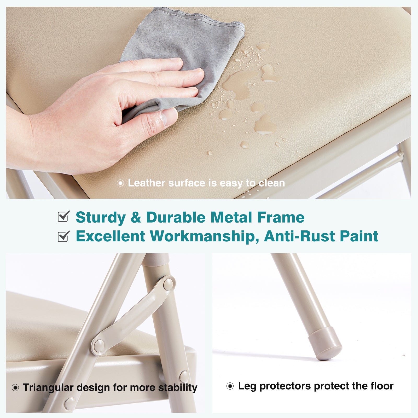 Folding Chair 2 Pack, Leather Padded Folding Chairs, Sturdy Metal Foldable Chairs, For Home, Office, Party, Khaki 4 Pack Khaki Stainless Steel