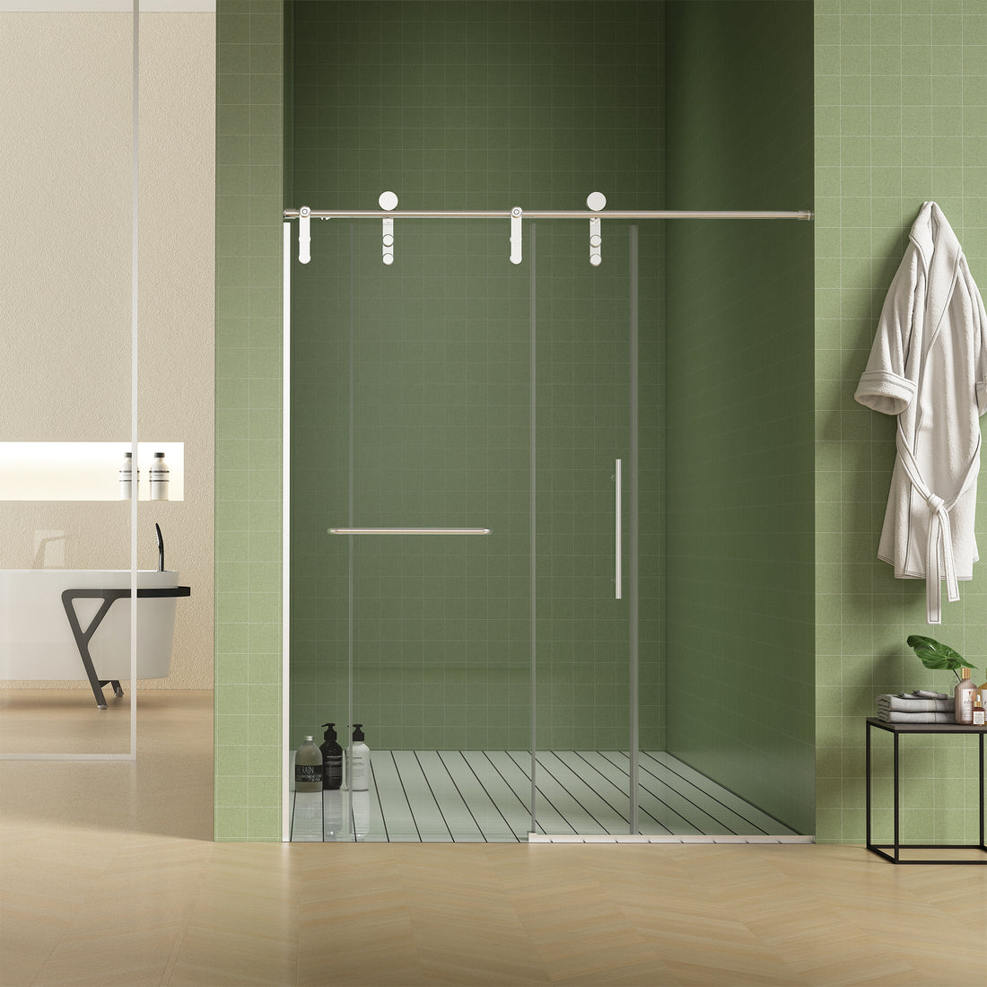 56" 60"W X 70"H Frameless , Sliding , Premium 5 16" 8Mm Thick Tempered Glass Shower Enclosure With Towel Bar ,Double Side Easy Clean Coat,Brushed Nickel Finished With Buffer Brushed Nickel Bathroom American Design Stainless Steel