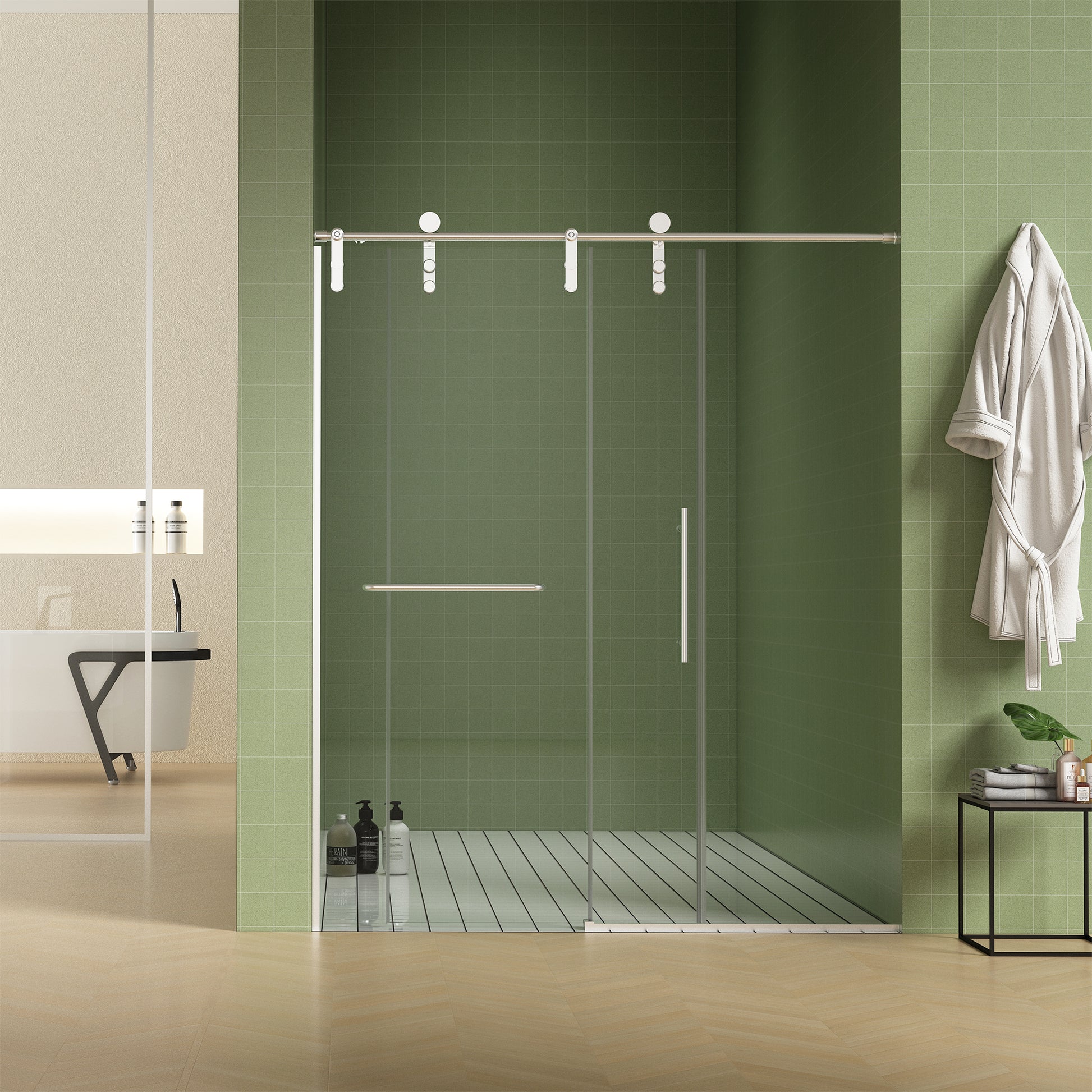 56" 60"W X 76"H Frameless , Sliding , Premium 5 16" 8Mm Thick Tempered Glass Shower Enclosure With Towel Bar ,Double Side Easy Clean Coat,Brushed Nickel Finished With Buffer Brushed Nickel Bathroom American Design Stainless Steel