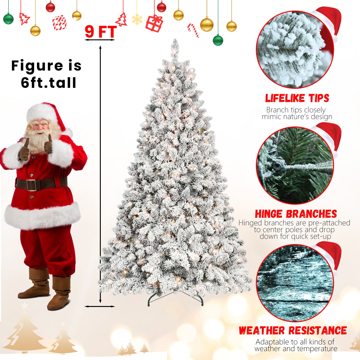 7.5Ft Snow Flocked Artificial Christmas Tree With Pine Cones, Prelit Xmas Trees, Hinged Easy Assembly & Reinforced Metal Base Ideal For Indoor & Outdoor Festive Decorations White Polyethylene