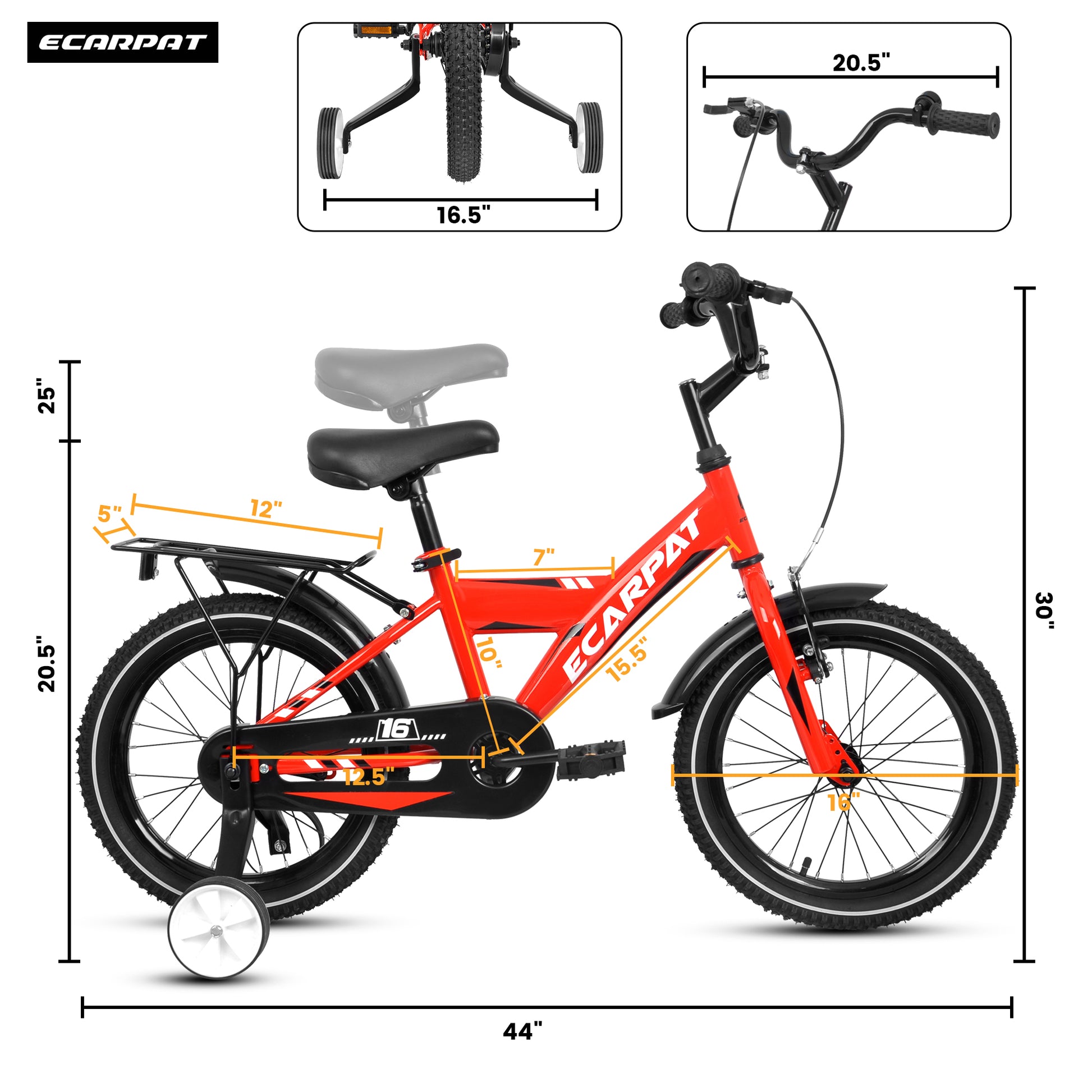 A16115 Kids Bike 16 Inch For Boys & Girls With Training Wheels, Freestyle Kids' Bicycle With Fender And Carrier. Red Steel