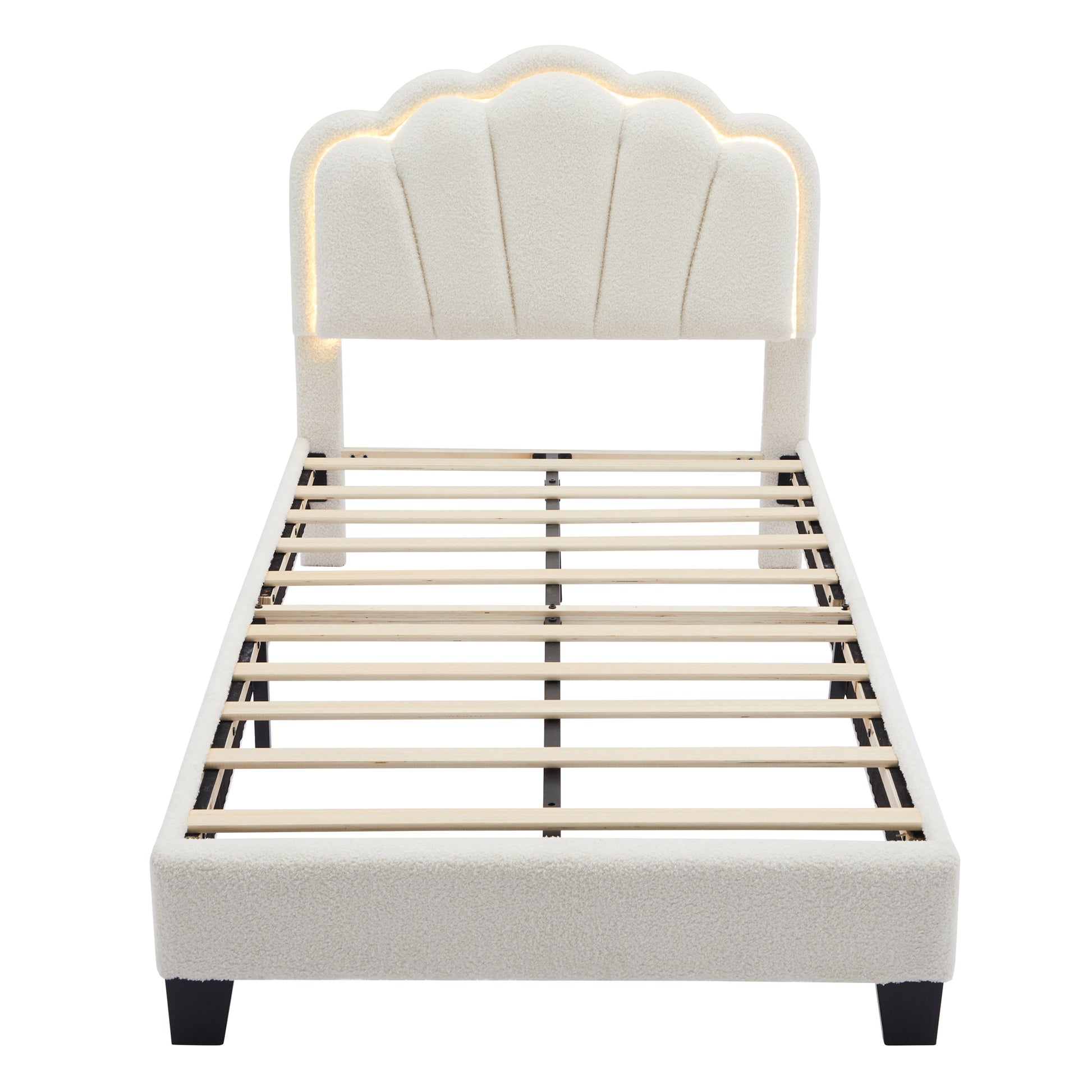 2 Pieces Bedroom Sets Twin Size Flower Shaped Upholstered Led Platform Bed With Storage Ottoman Sherpa Fabric, White Twin White 2 Piece Set Wood