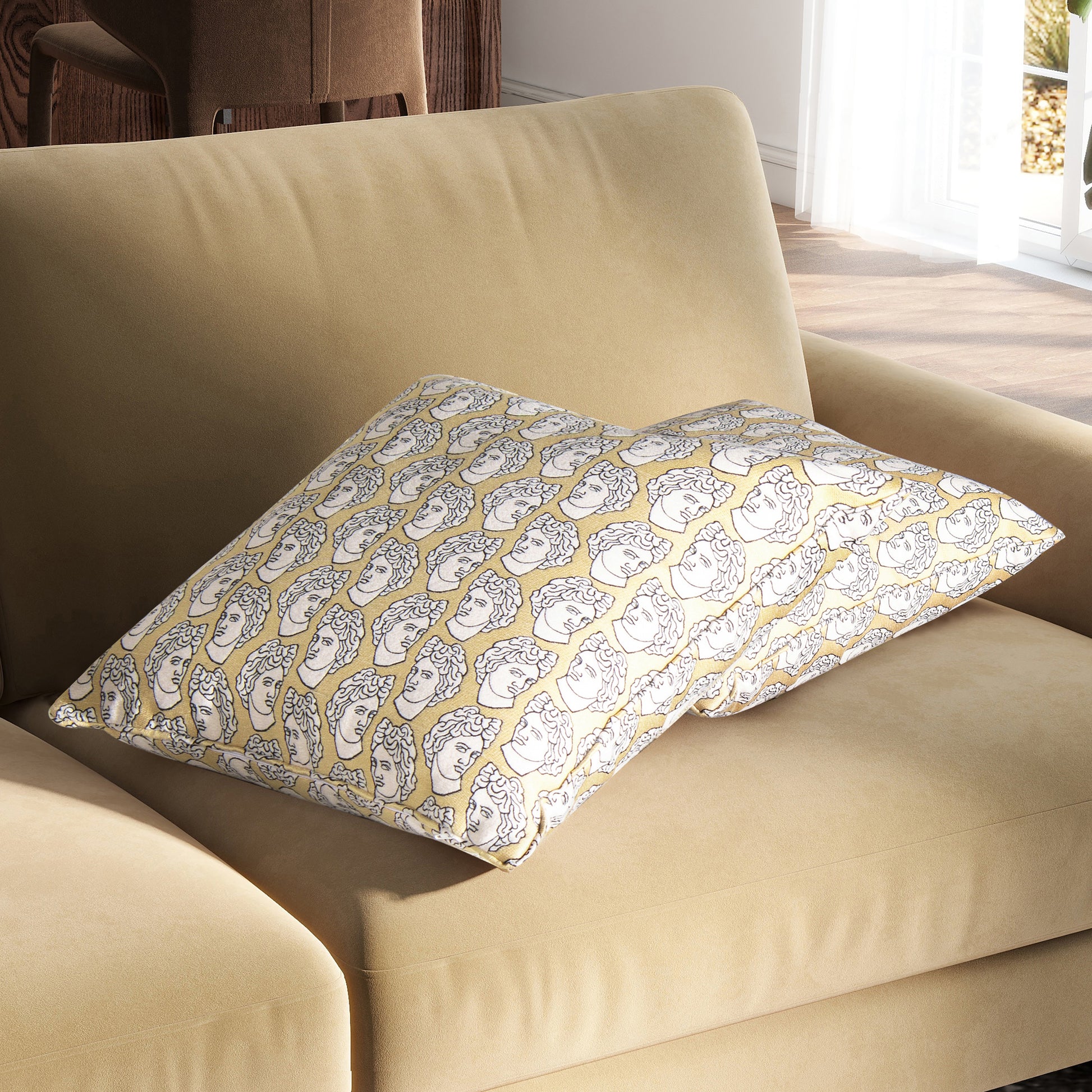 La Broderie 20" Square Embroidered Throw Pillow & Feather Down Insert, Apollo Bust Gold & Cream Embroidery Multicolor Down Filling Fabric