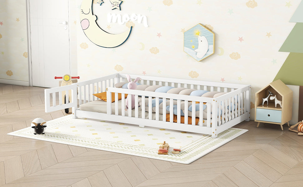 Twin Size Bed Floor Bed With Safety Guardrails And Door For Kids, White Old Sku:W158090683 Twin White Pine