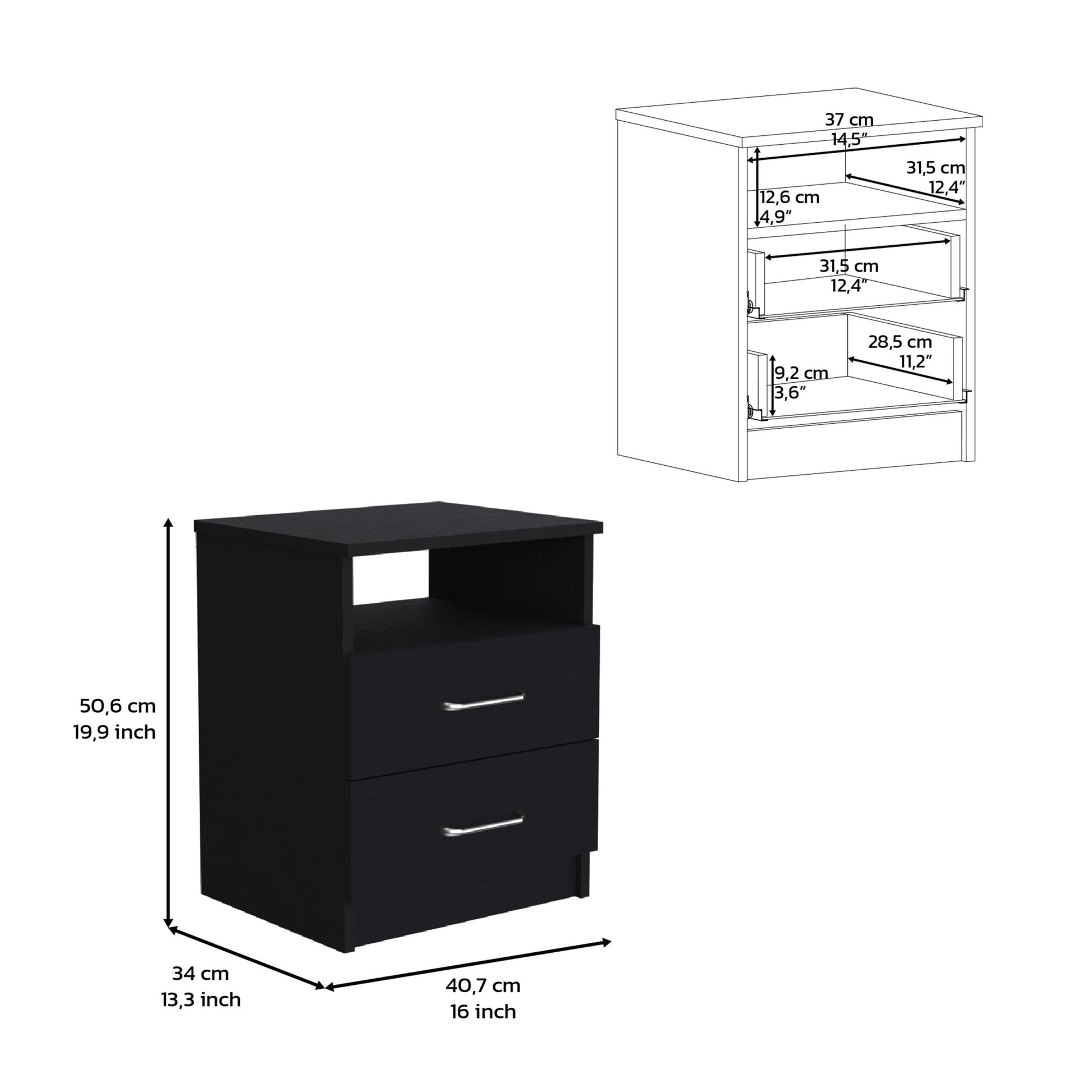 Nightstand 20"H, Two Drawers, One Shelf, Superior Top, Black Black Particle Board Particle Board