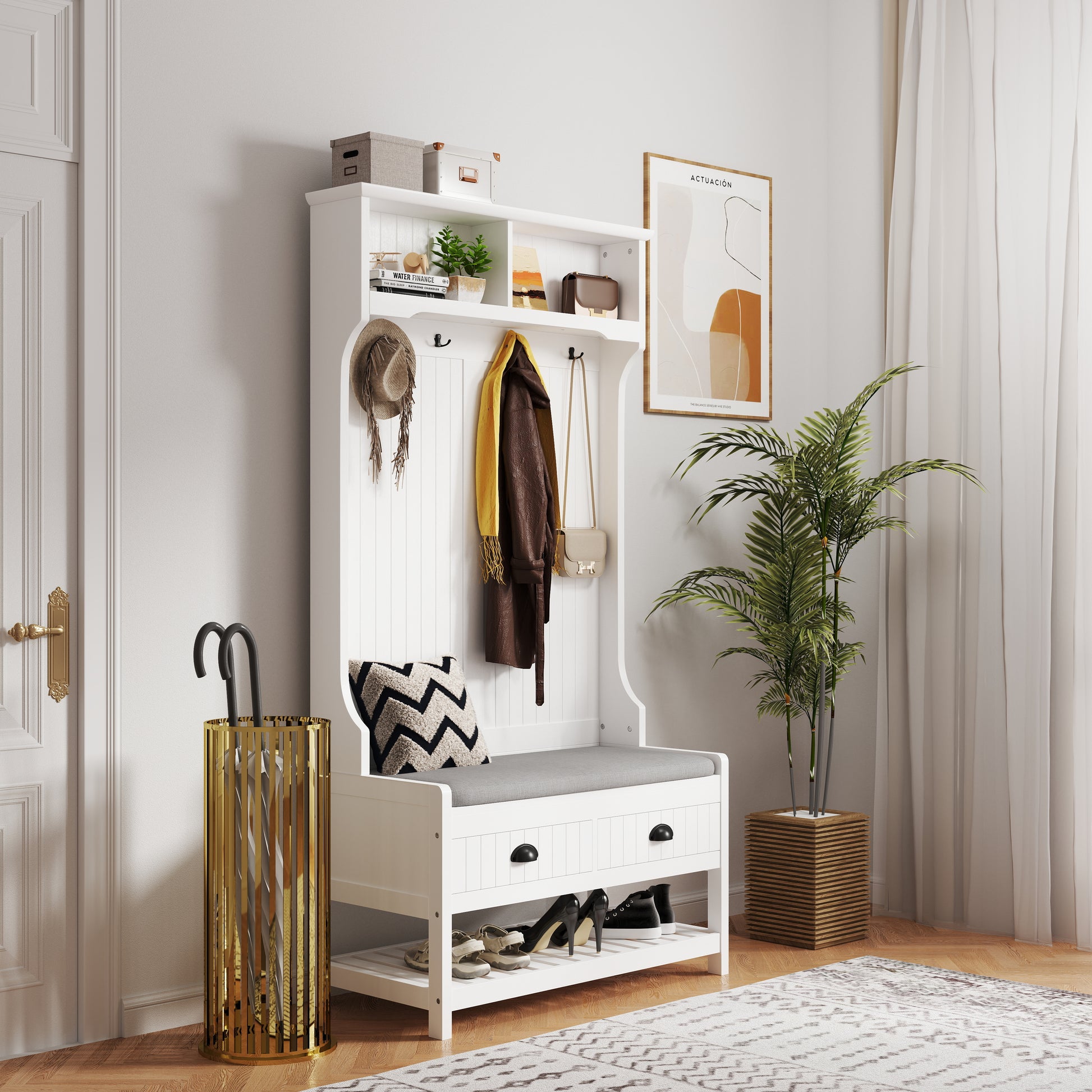 In Hallway Hall Tree With Storage Drawer And Coat Rack, Wooden