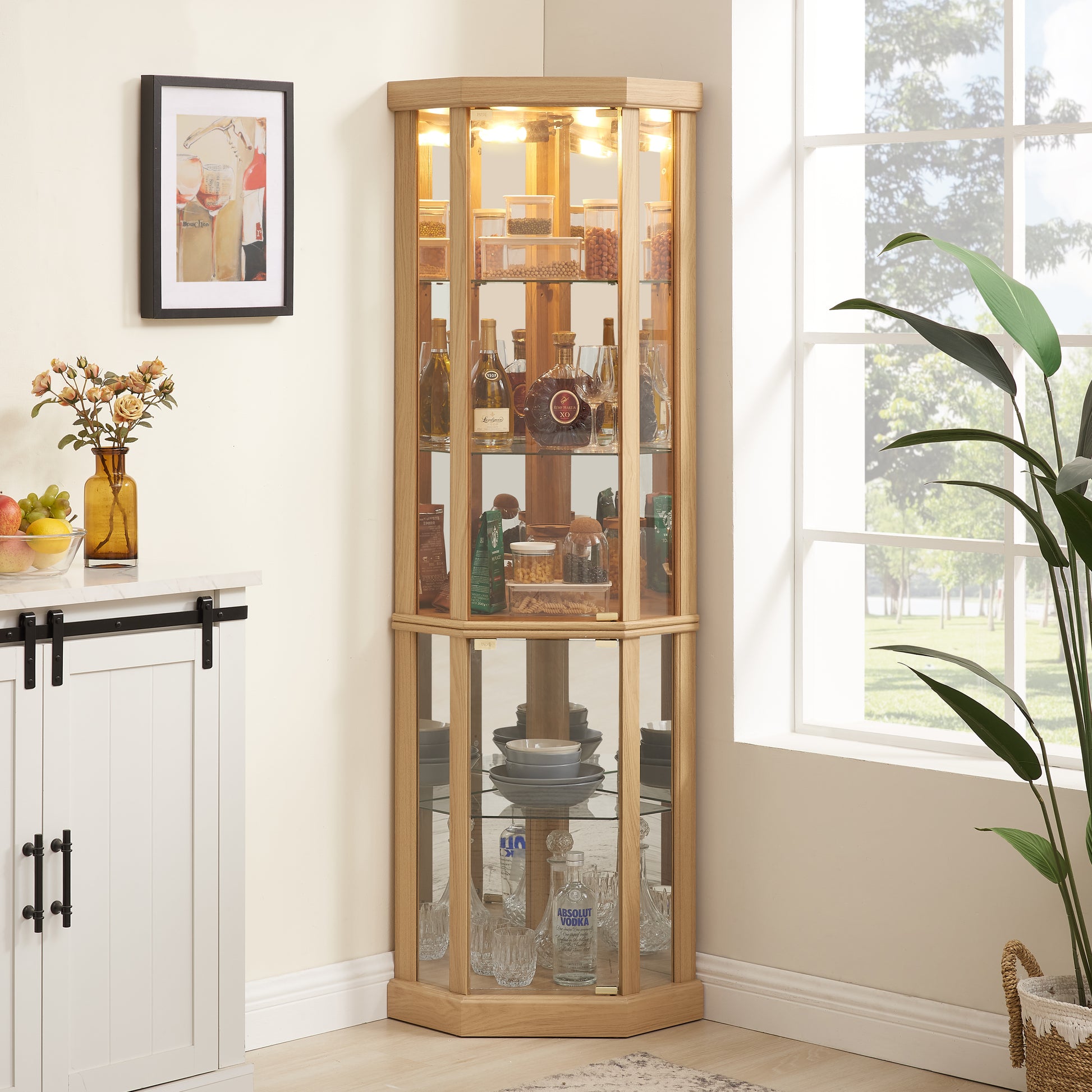 Corner Lighted Curio Cabinet Corner Glass Cabinet Lighted Curio Cabinet Corner Display Case For Living Room, Curio Cabinet, Antique Collection, Wine,Bar Glass Storage Light Included,Light Oak Light Oak Mdf Glass