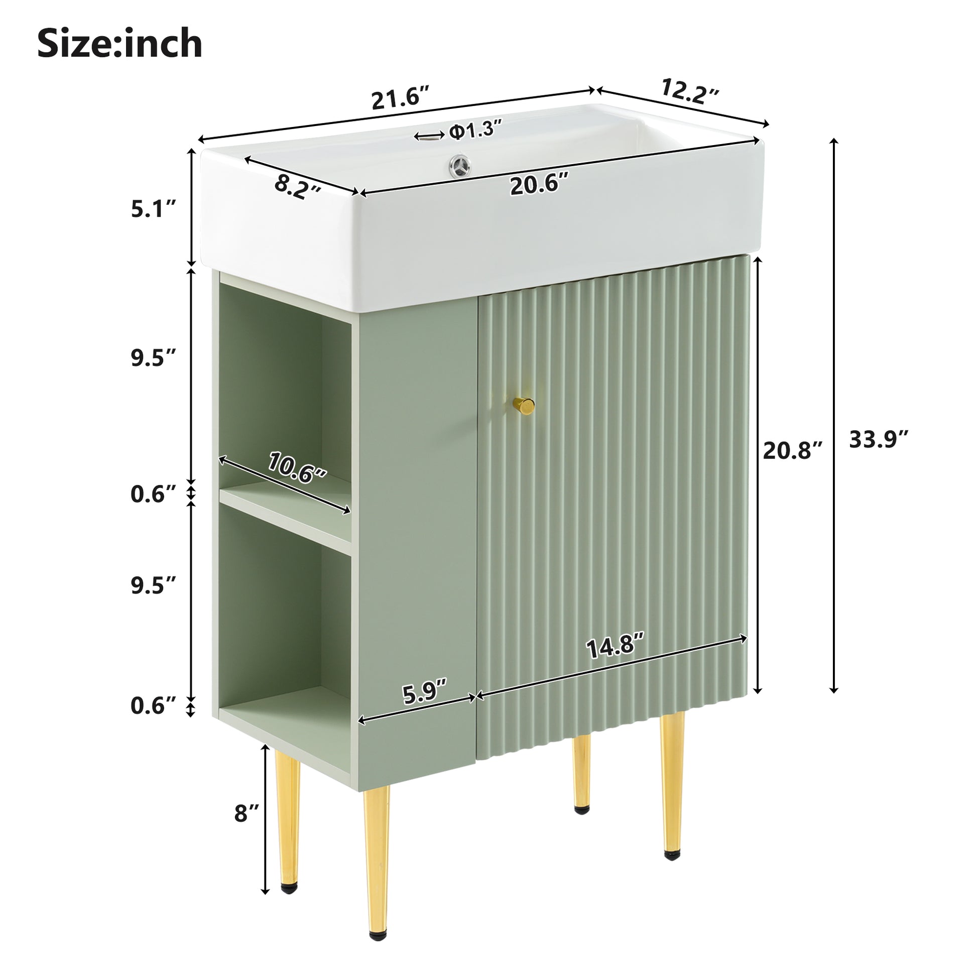 21.6" Green Bathroom Vanity, Combo Cabinet, Bathroom Storage Cabinet, Single Ceramic Sink, Left Side Storage Green Bathroom Ceramic Mdf